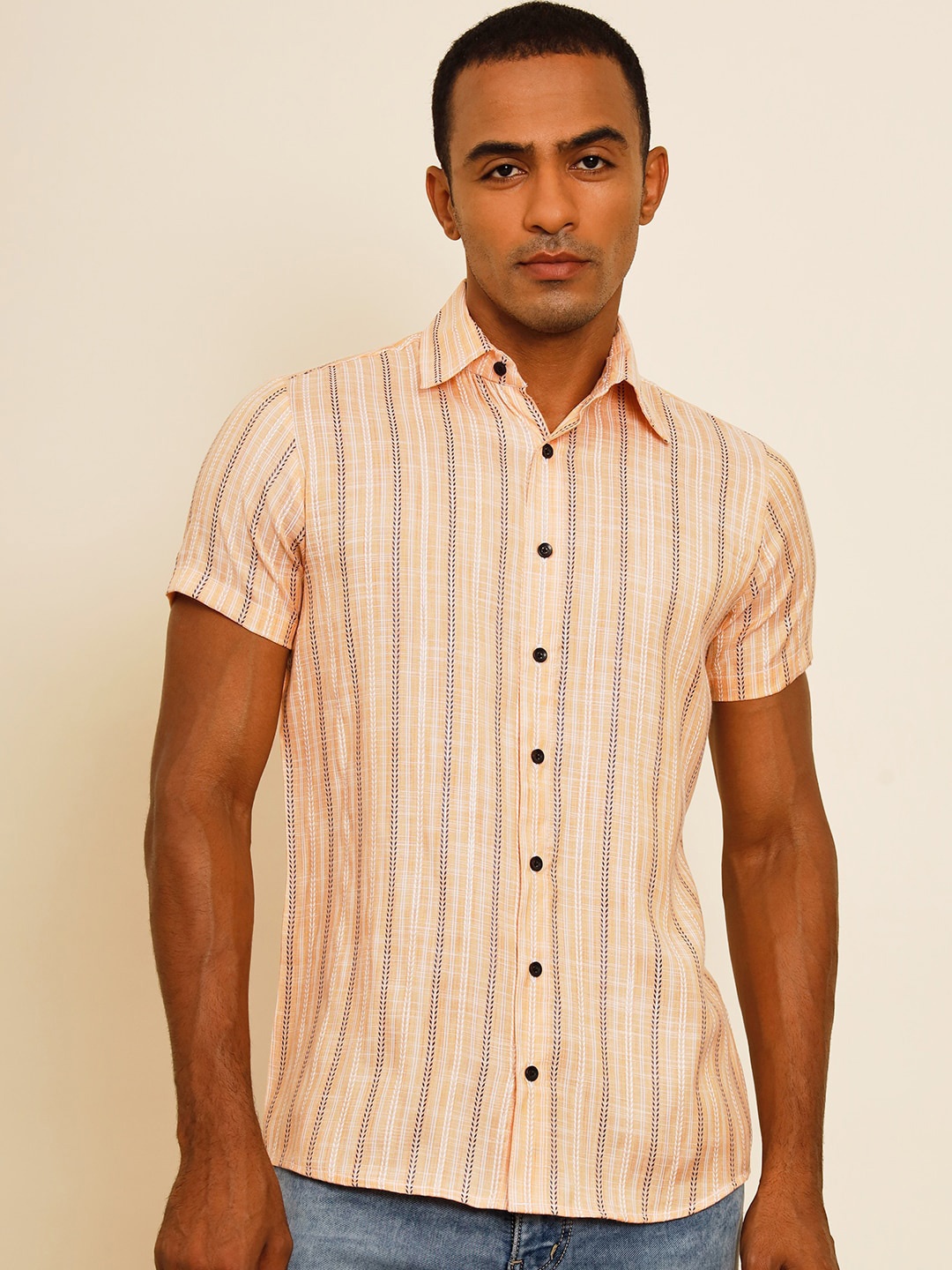 

BAESD Standard Fit Spread Collar Striped Casual Shirt, Orange