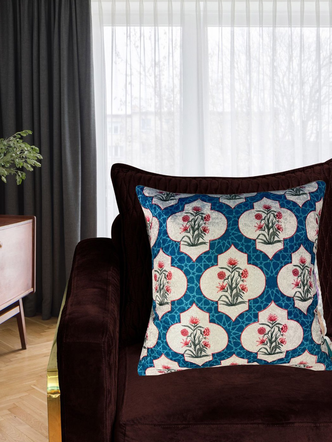 

Tasseled Home Jaali Blue & White Ethnic Motifs Velvet Square Cushion Cover