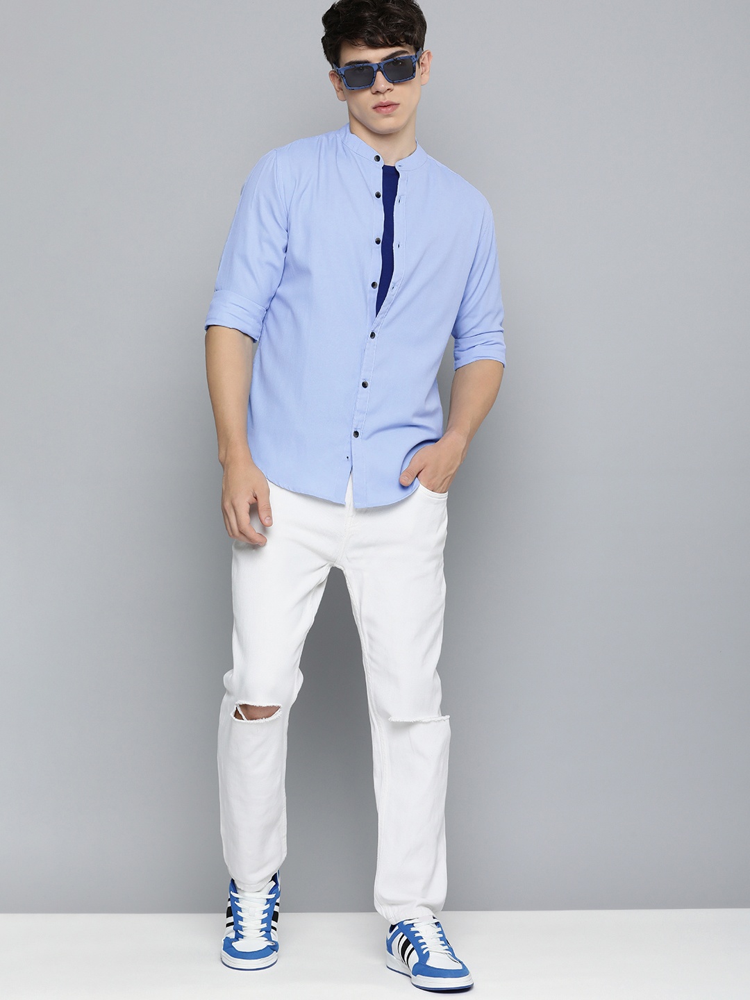 

R.Code by The Roadster Life Co. Band Collar Casual Shirt, Blue