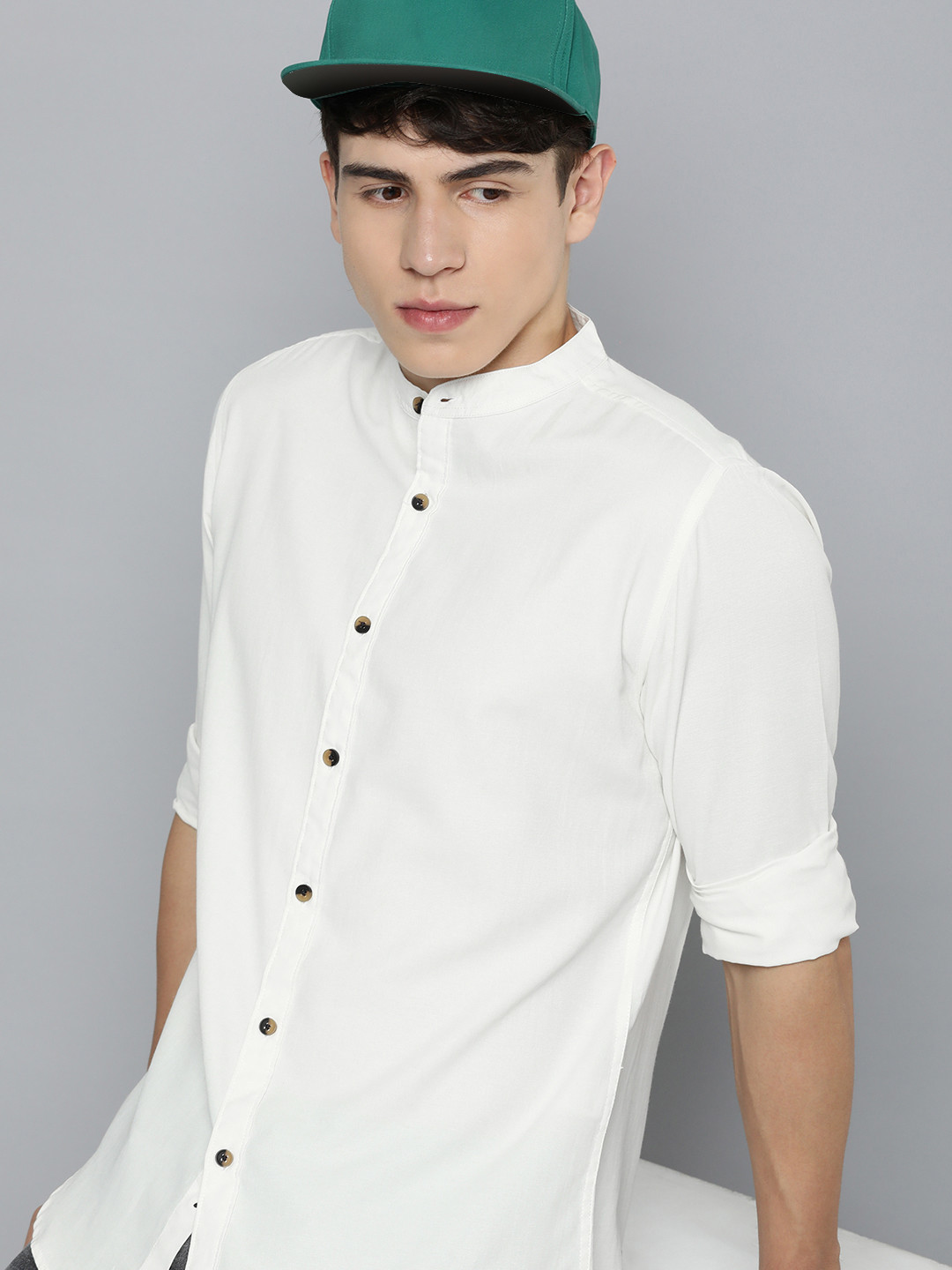 

R.Code by The Roadster Life Co. Band Collar Casual Shirt, White