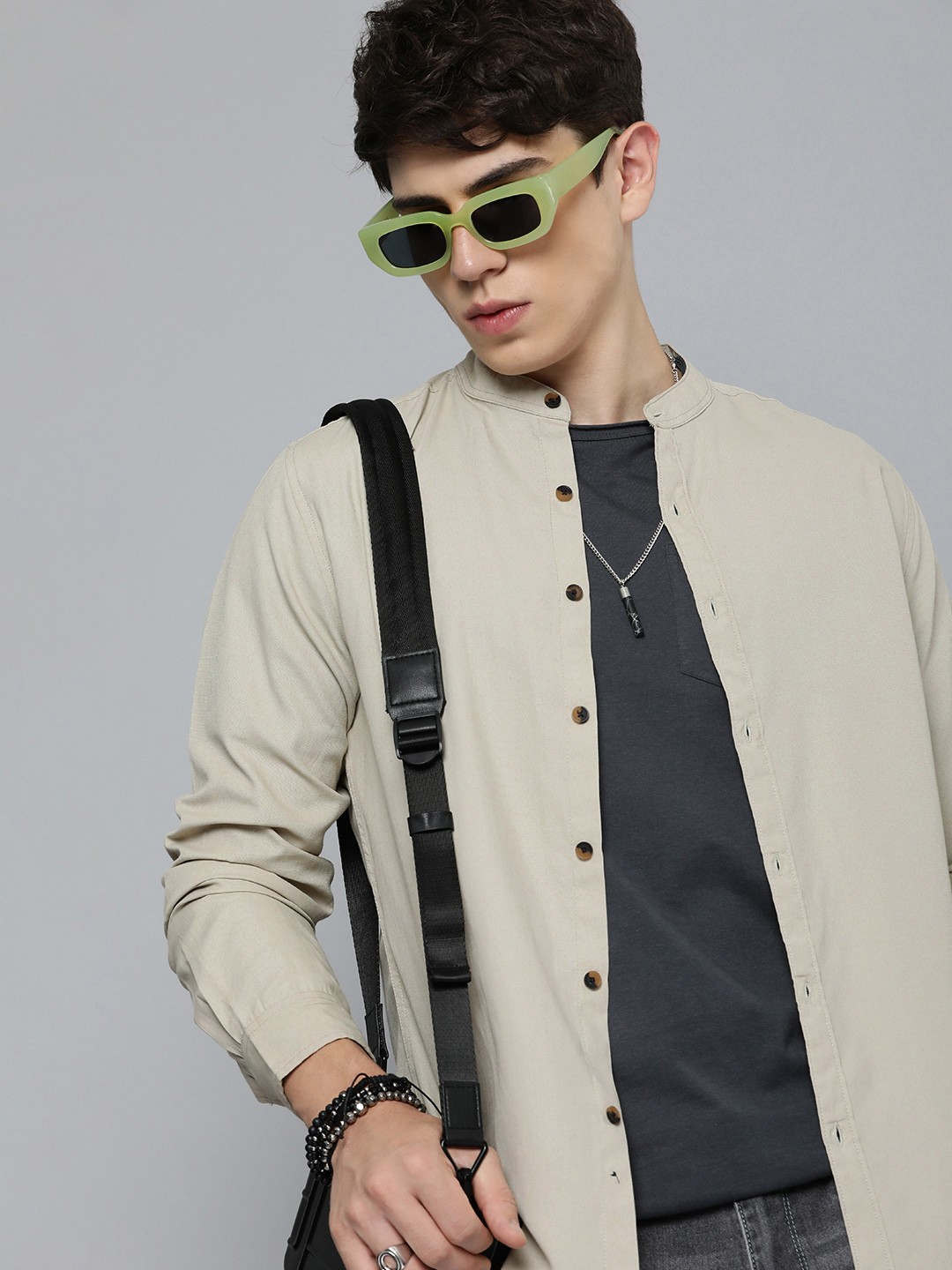 

R.Code by The Roadster Life Co. Band Collar Casual Shirt, Khaki