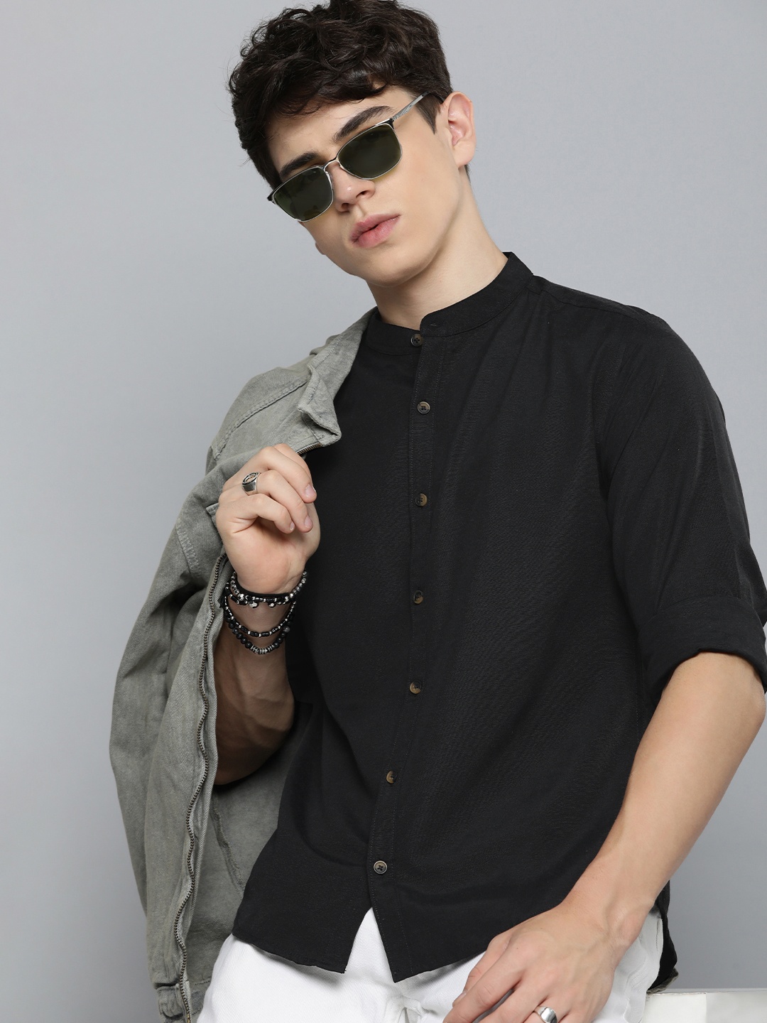 

R.Code by The Roadster Life Co. Band Collar Casual Shirt, Charcoal
