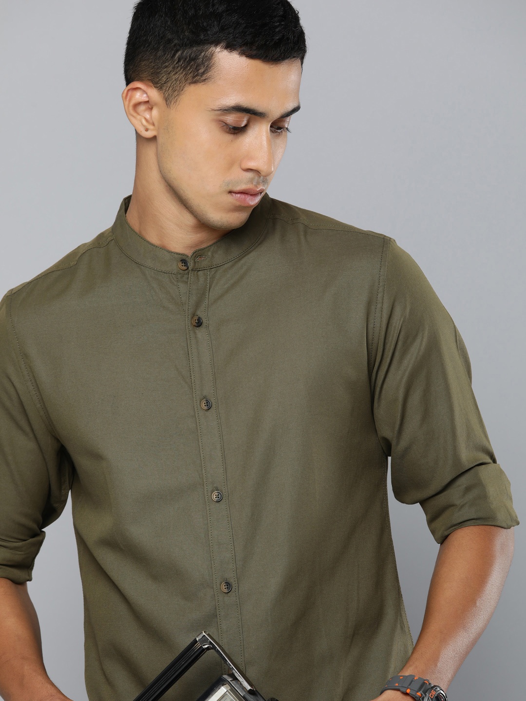 

R.Code by The Roadster Life Co. Solid Band Collar Casual Shirt, Olive