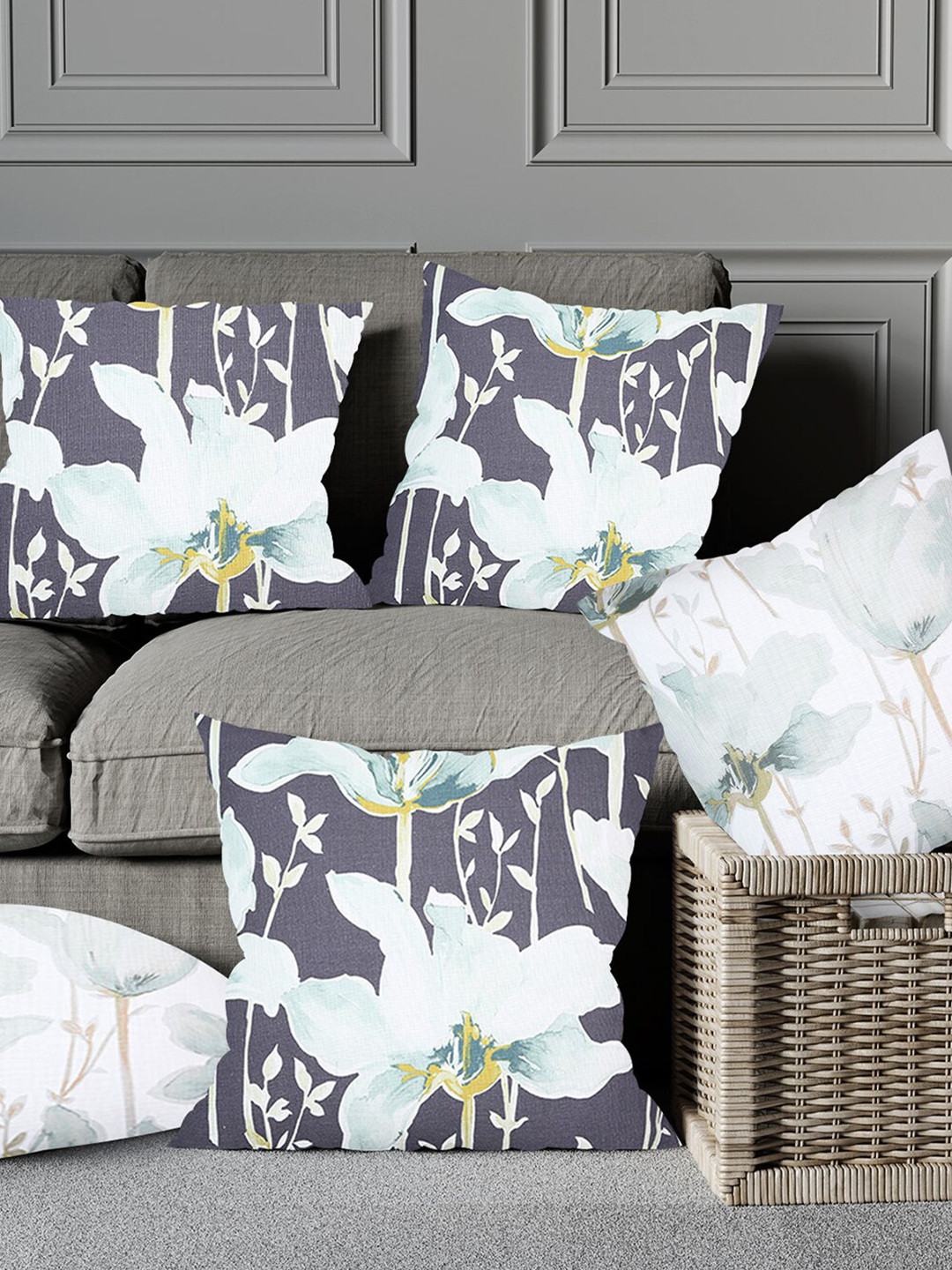 

Just Home Blue & White 5 Pieces Floral Printed Cotton Square Cushion Covers