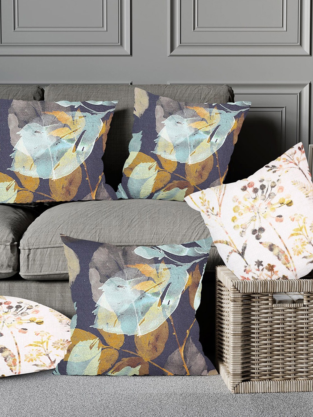 

Just Home White & Blue 5 Pieces Floral Printed Cotton Square Cushion Covers