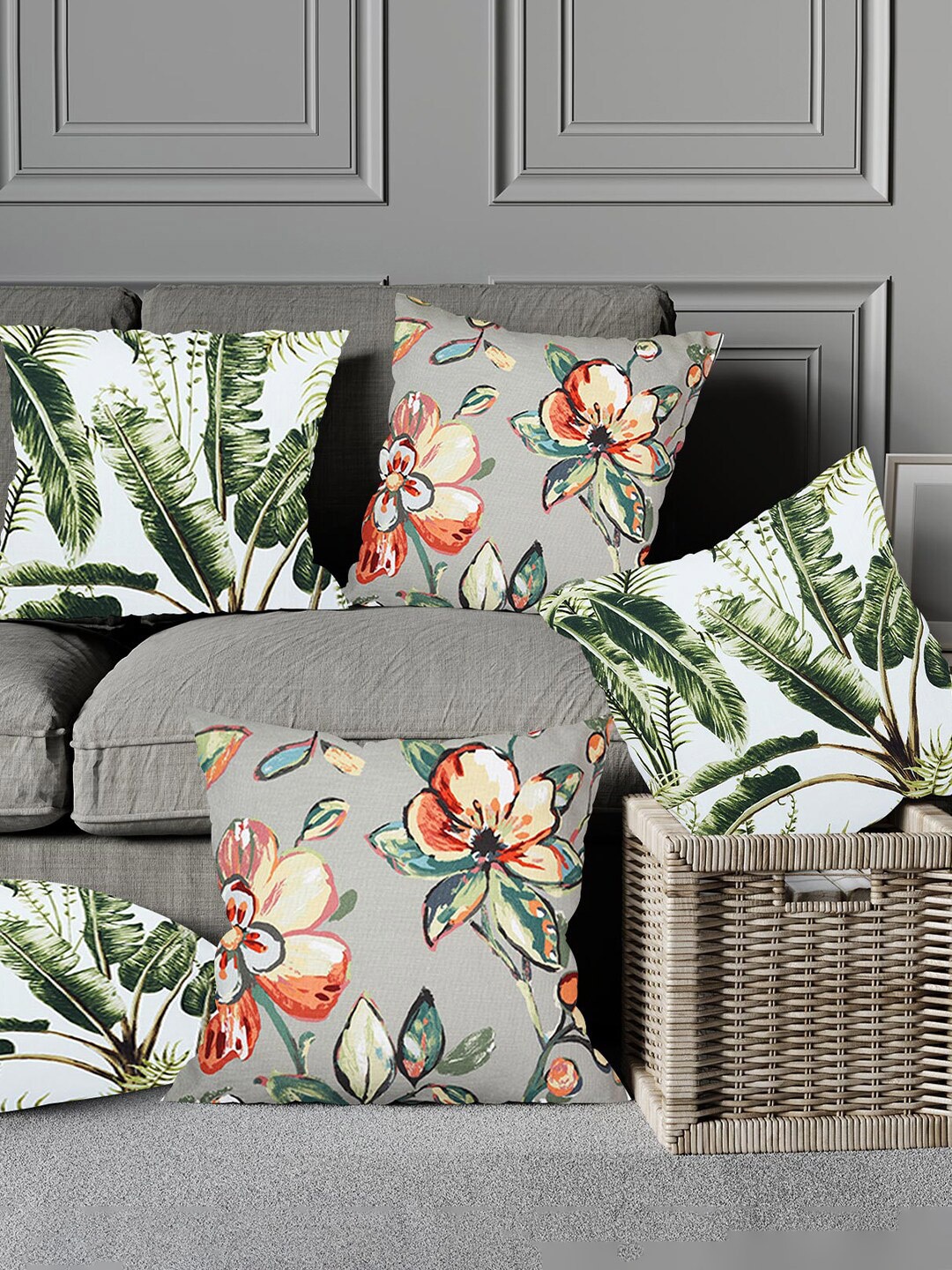 

Just Home Green & Orange 5 Pieces Floral Printed Cotton Square Cushion Covers