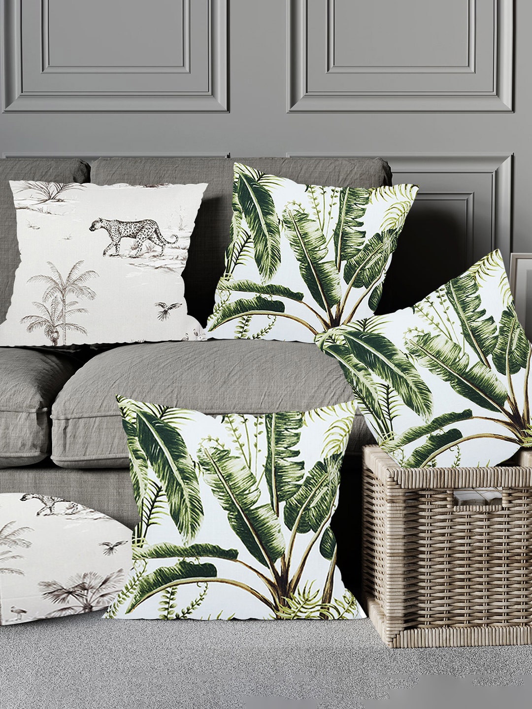 

Just Home Green & White 5 Pieces Floral Printed Cotton Square Cushion Covers