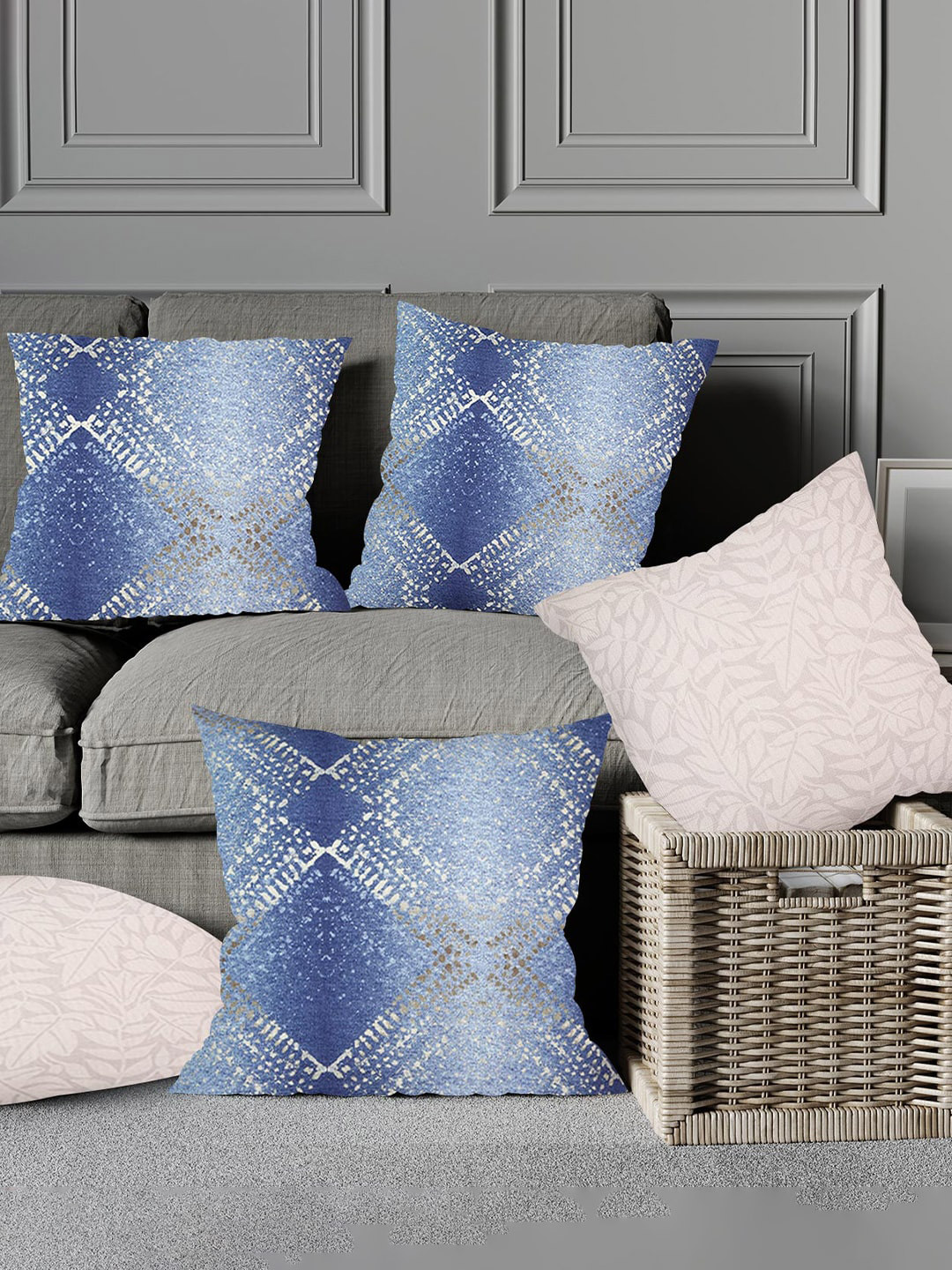

Just Home Blue & White 5 Pieces Abstract Printed Cotton Square Cushion Covers