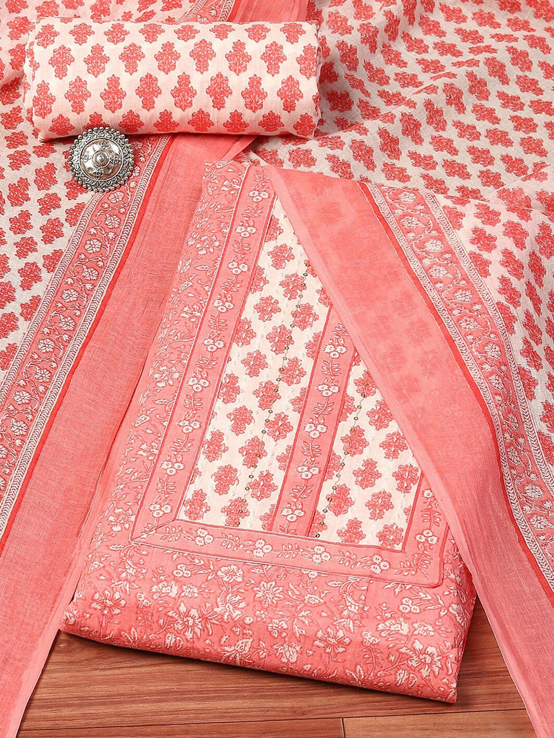 

Biba Floral Printed Unstitched Dress Material, Coral
