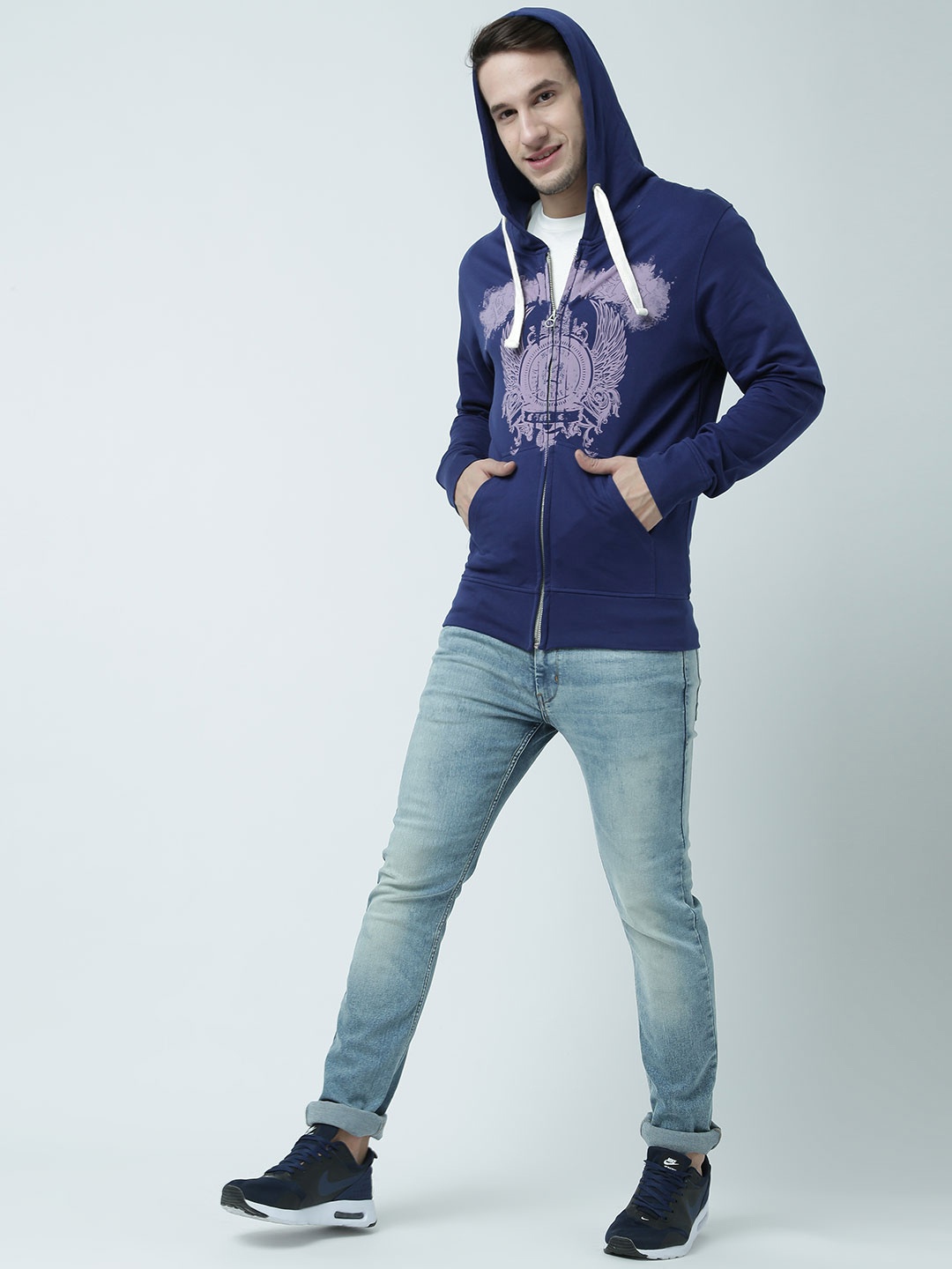 

Huetrap Men Navy Blue Printed Hooded Sweatshirt