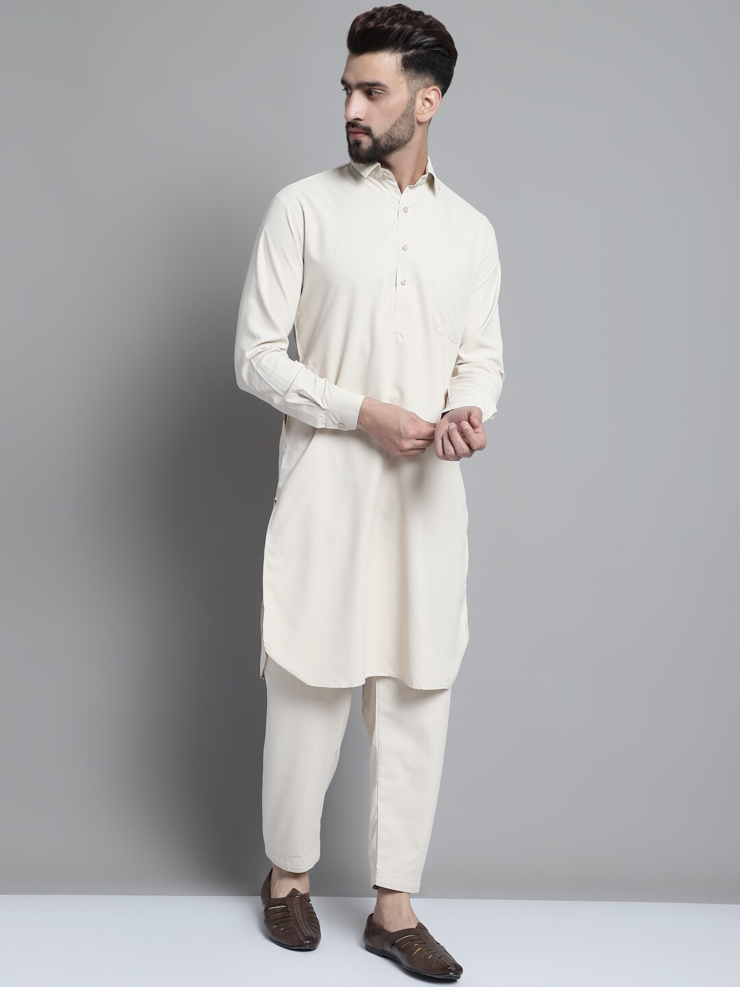 

Jompers Men Cotton Solid Pathani Kurta with Pyjamas, Cream