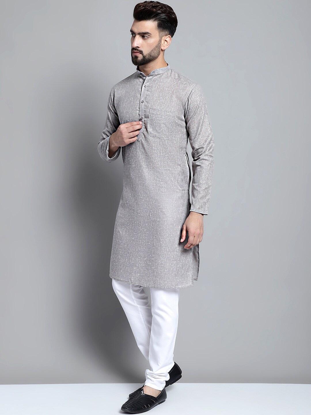 

Jompers Pure Cotton Self Design Mandarin Collared Kurta with Churidar, Grey