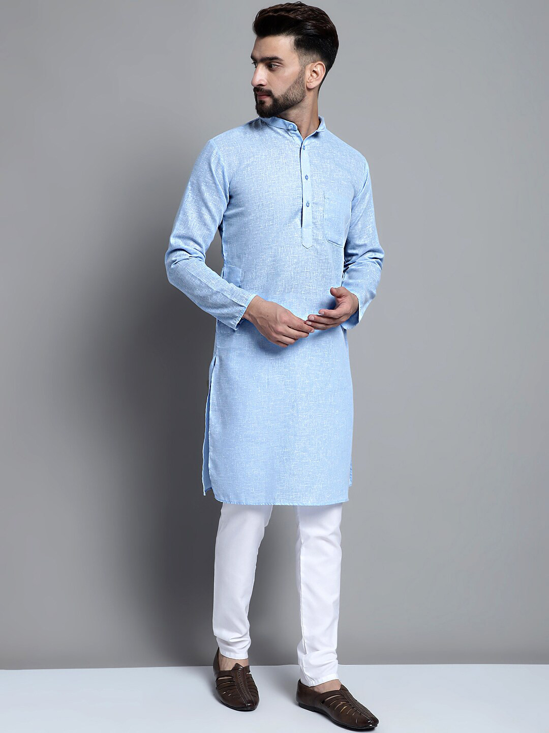 

Jompers Band Collar Pure Cotton Kurta With Churidar, Blue