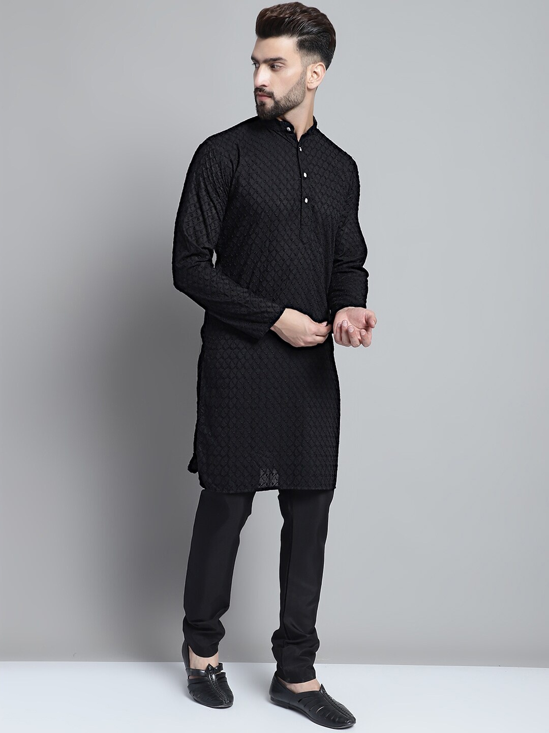 

Jompers Embroidered Regular Pure Cotton Kurta With Churidar, Black