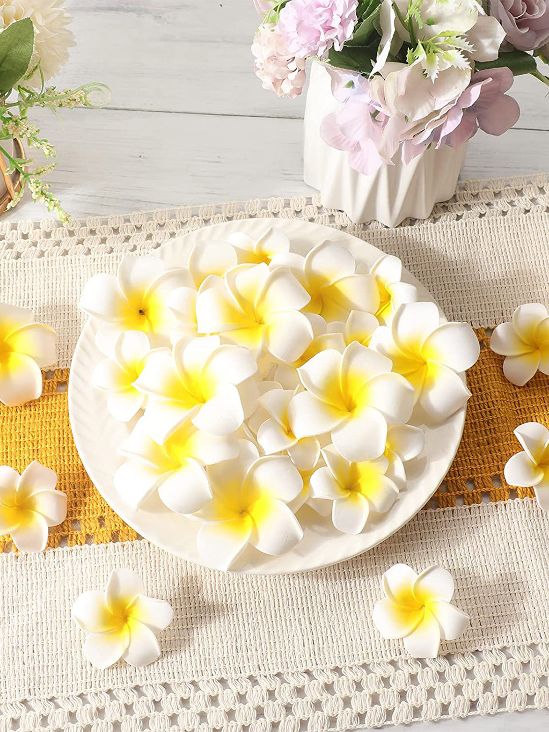 

BS AMOR 10-Pieces White & Yellow Plumeria Artificial Flowers