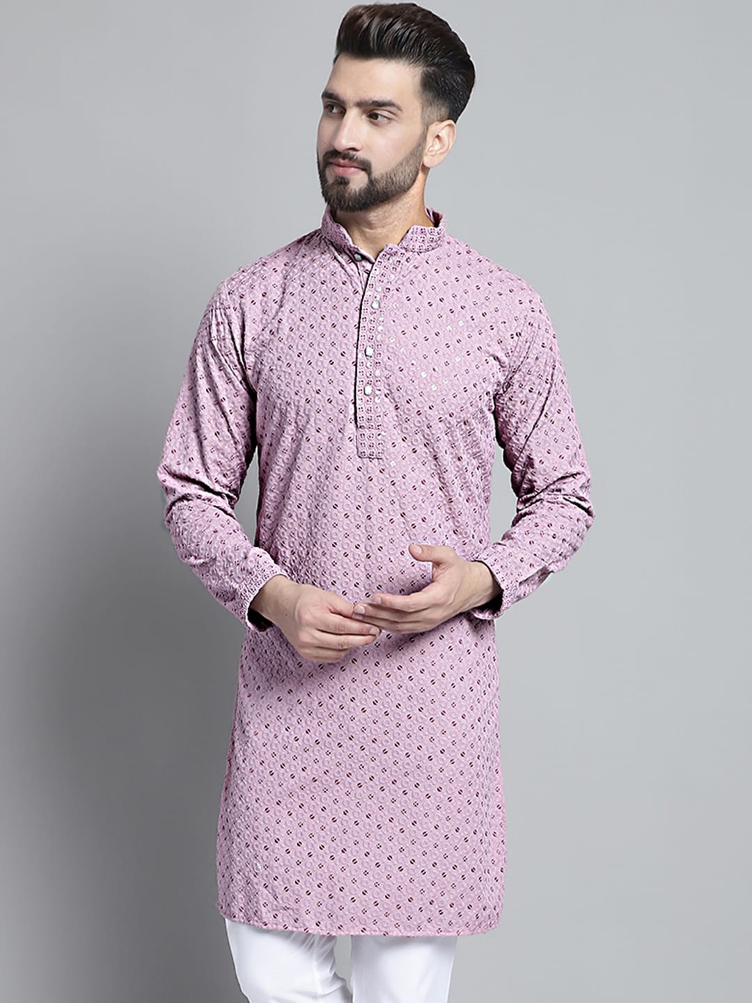 

Jompers Floral Embroidered Sequin Details Straight Pure Cotton Kurta, Purple