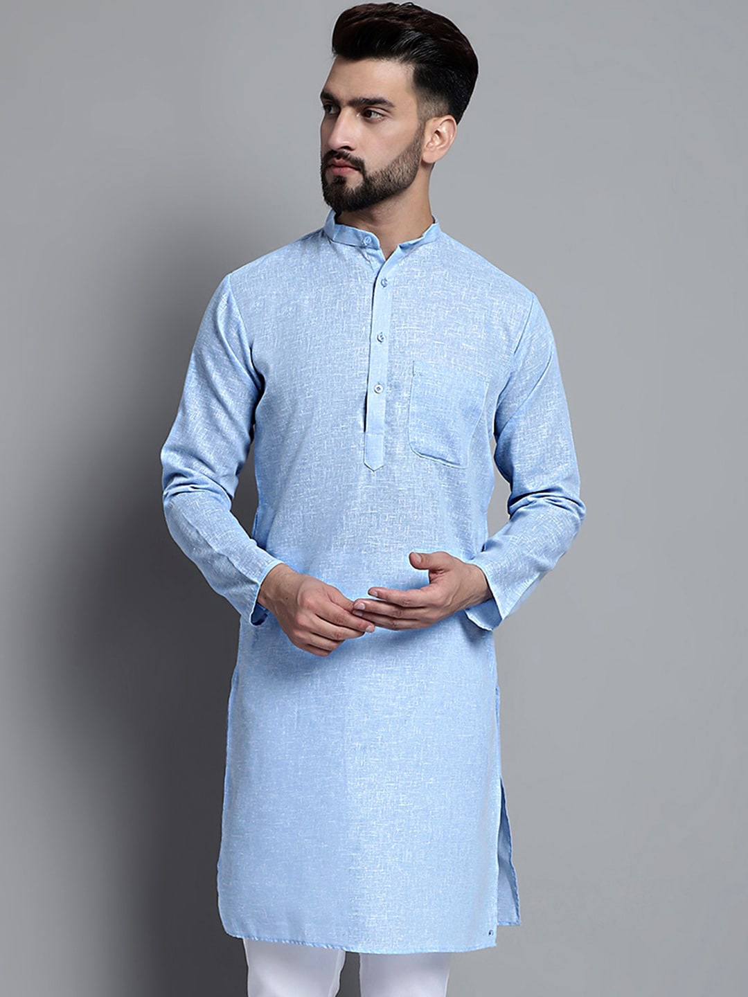 

Jompers Band Collar Pure Cotton Regular Kurta, Blue