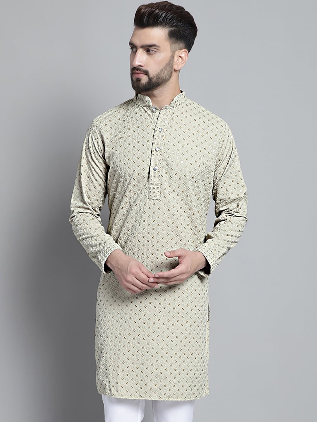 

Jompers Geometric Embroidered Chikankari & Sequinned Pure Cotton Kurta, Beige