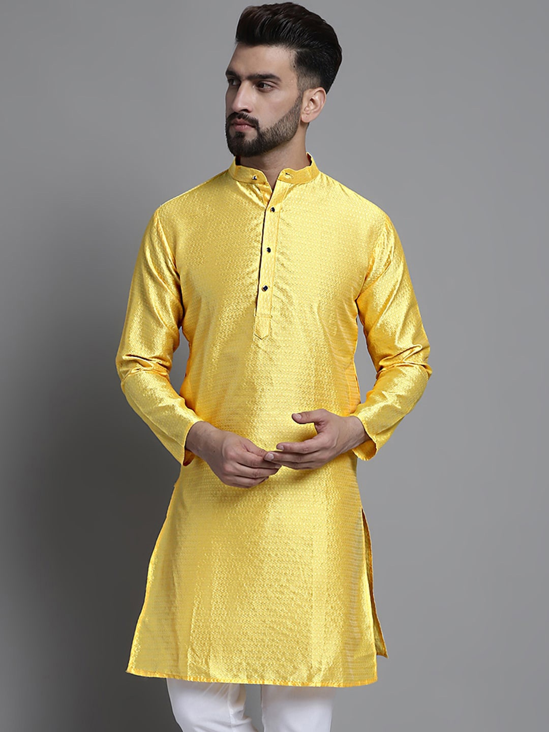 

Jompers Woven Design Mandarin Collar Straight Pure Cotton Kurta, Yellow
