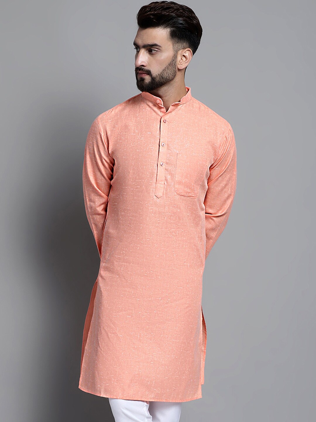 

Jompers Mandarin Collar Straight Pure Cotton Kurta, Peach