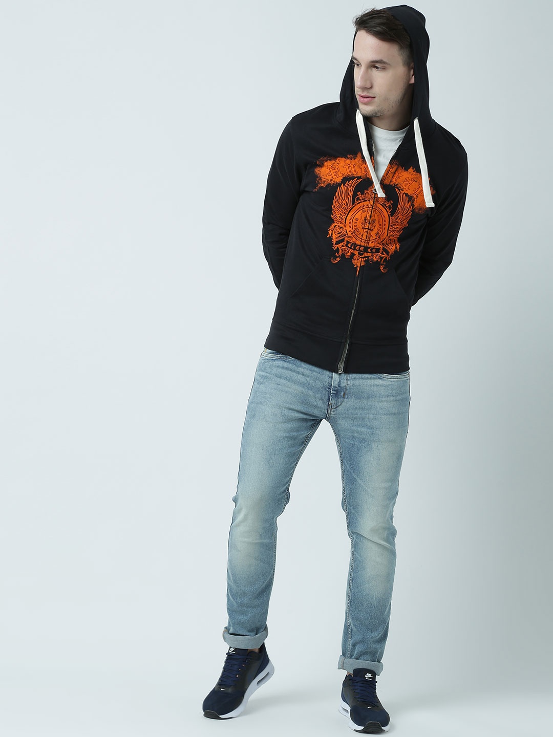 

Huetrap Men Black Printed Hooded Sweatshirt