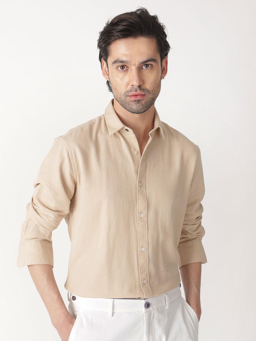 

RARE RABBIT Men Otago Spread Collar Slim Fit Cotton Shirt, Beige