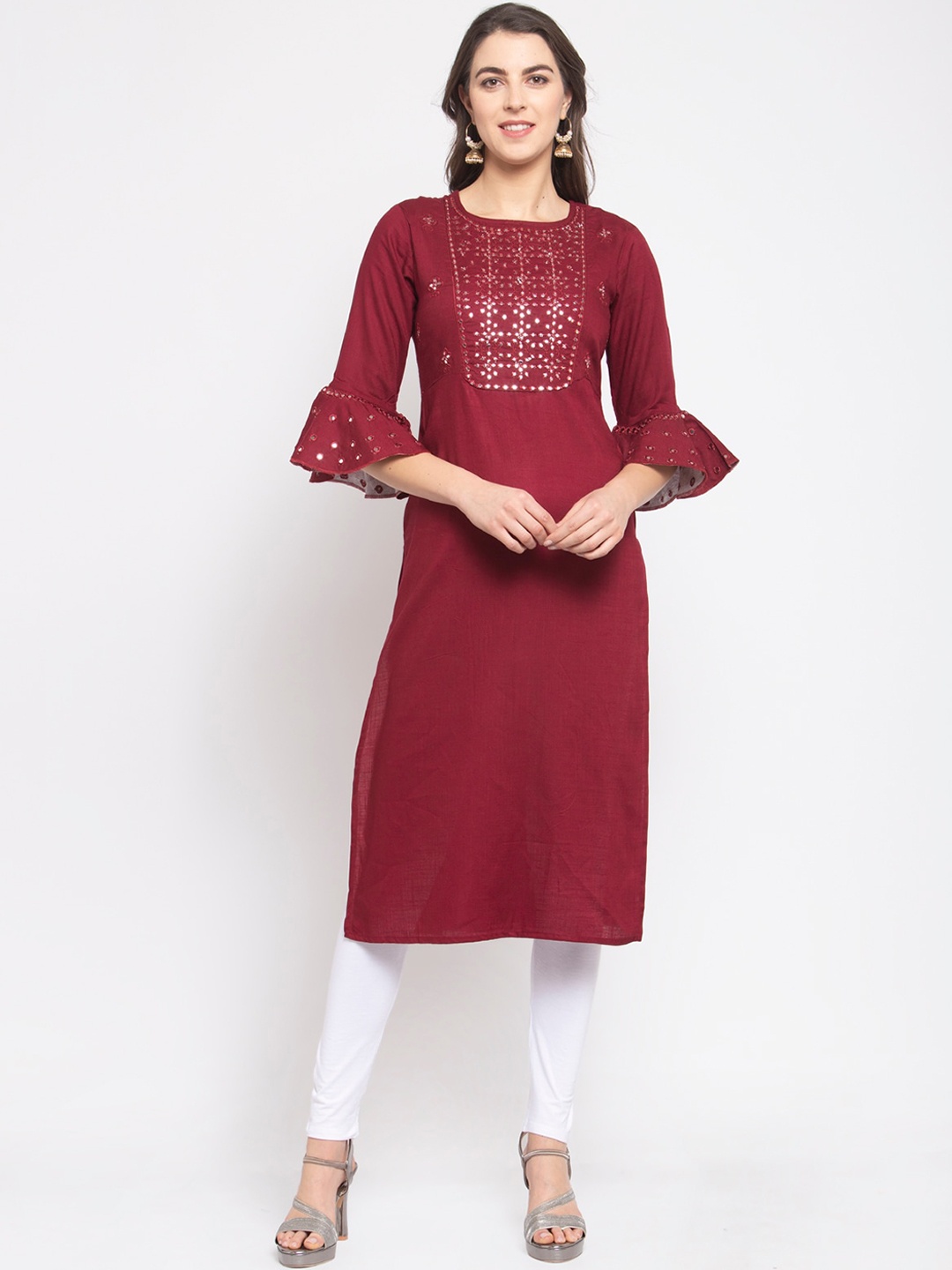 

Stylespace by Isha Embellished Mirror Work Bell Sleeves Pure Cotton Kurta, Maroon