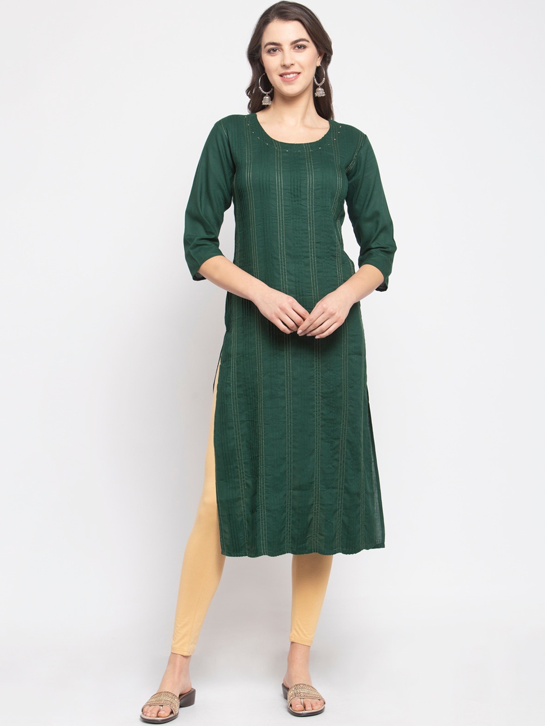 

Stylespace by Isha Striped Threak Work Pure Cotton Kurta, Green