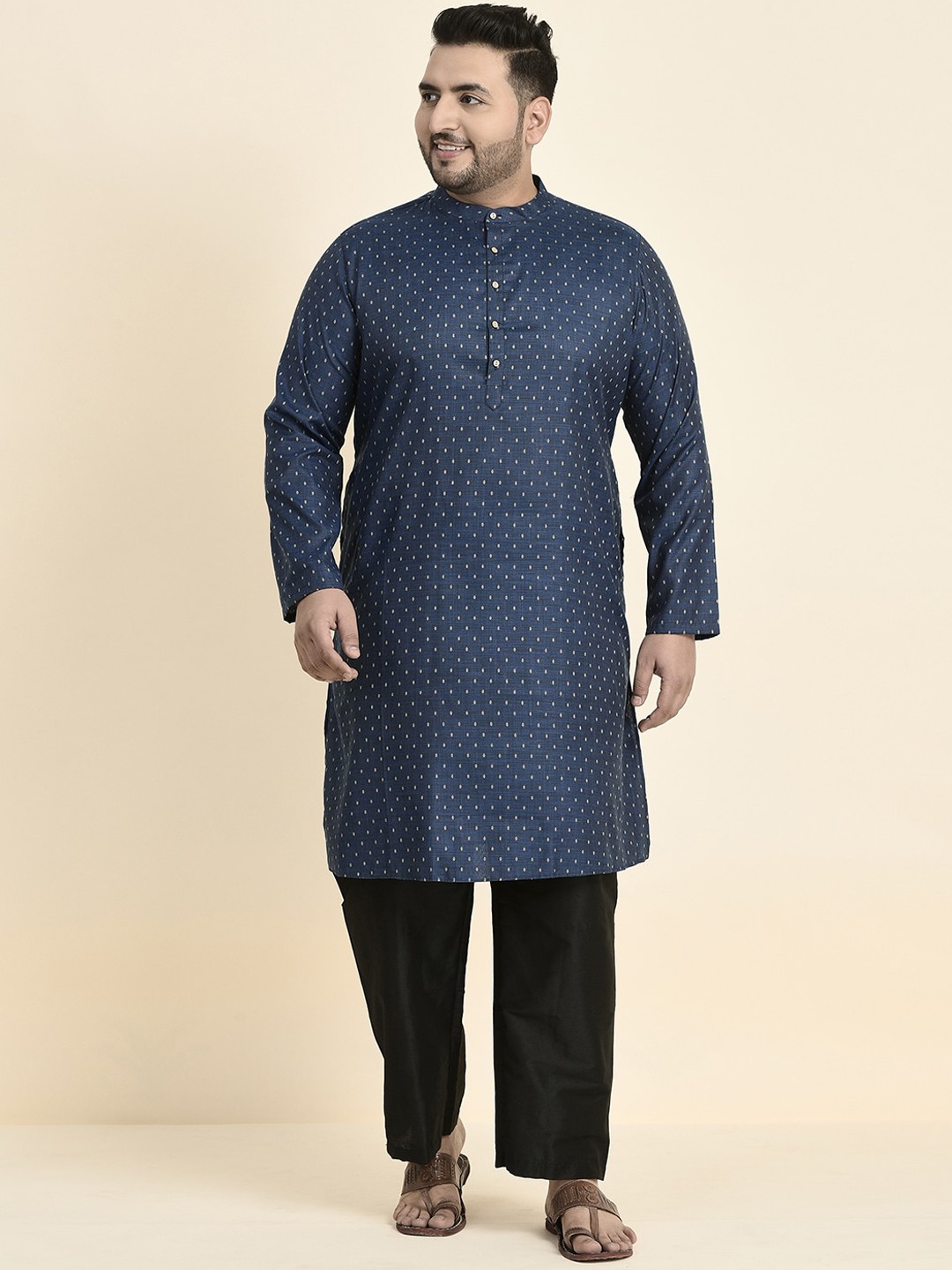 

Sztori Plus Size Geometric Printed Band Collar Kurta with Pyjamas, Blue
