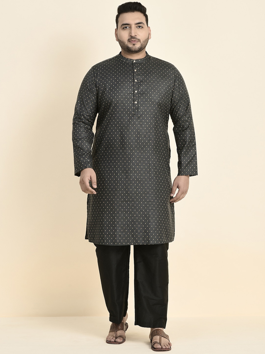 

Sztori Plus Size Geometric Printed Band Collar Kurta with Pyjamas, Charcoal