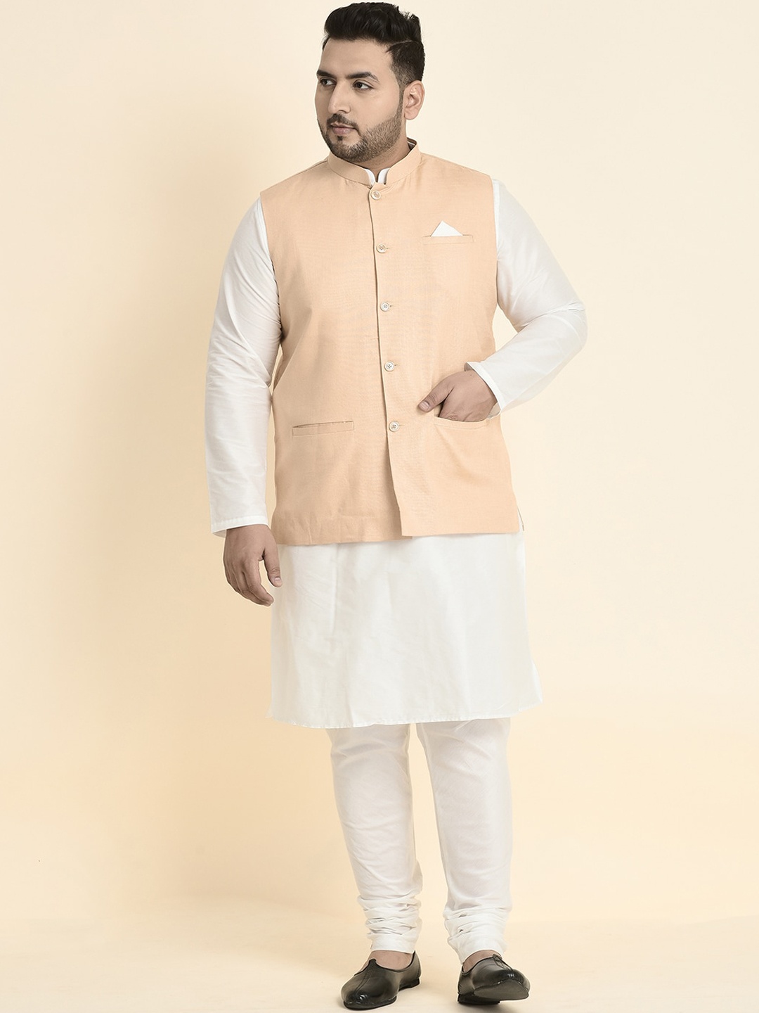 

Sztori Plus Size Mandarin Collar Kurta With Churidar & Nehru Jacket, White