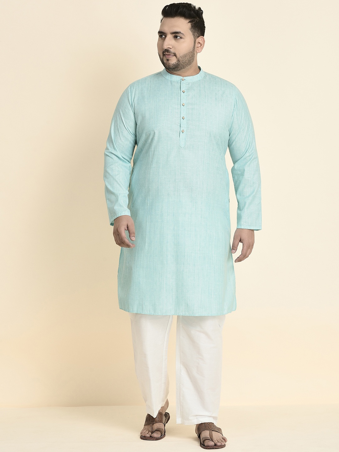

Sztori Plus Size Band Collar Kurta with Pyjamas, Blue