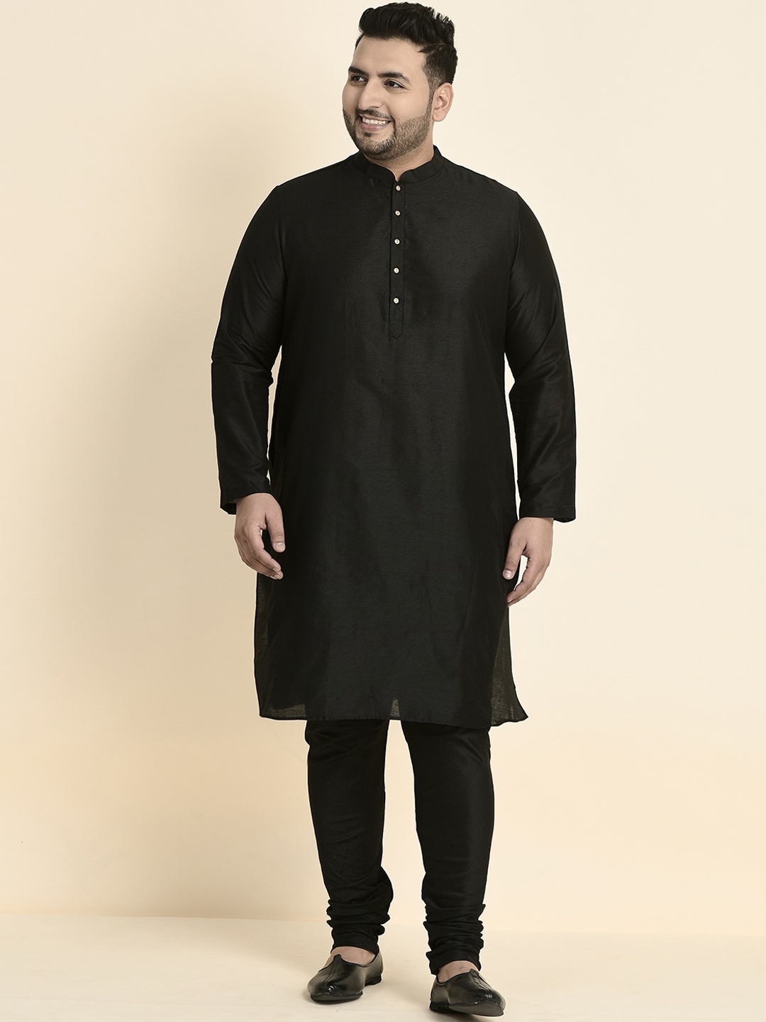 

Sztori Plus Size Mandarin Collar Kurta & Churidar With Nehru Jacket, Black