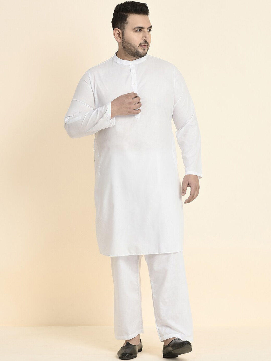 

Sztori Plus Size Band Collar Kurta with Pyjamas, White