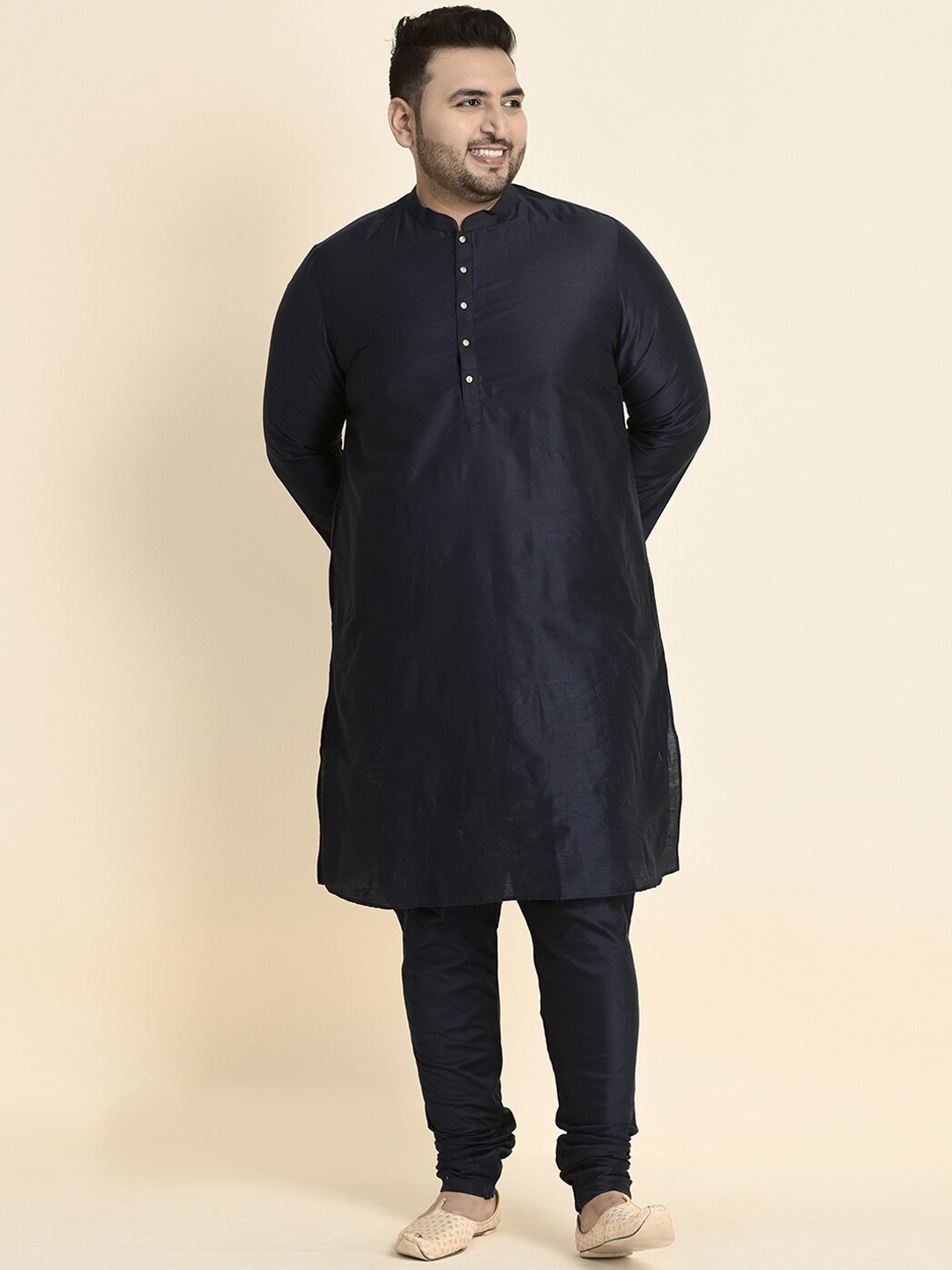 

Sztori Plus Size Mandarin Collar Kurta With Churidar & Nehru Jacket, Black