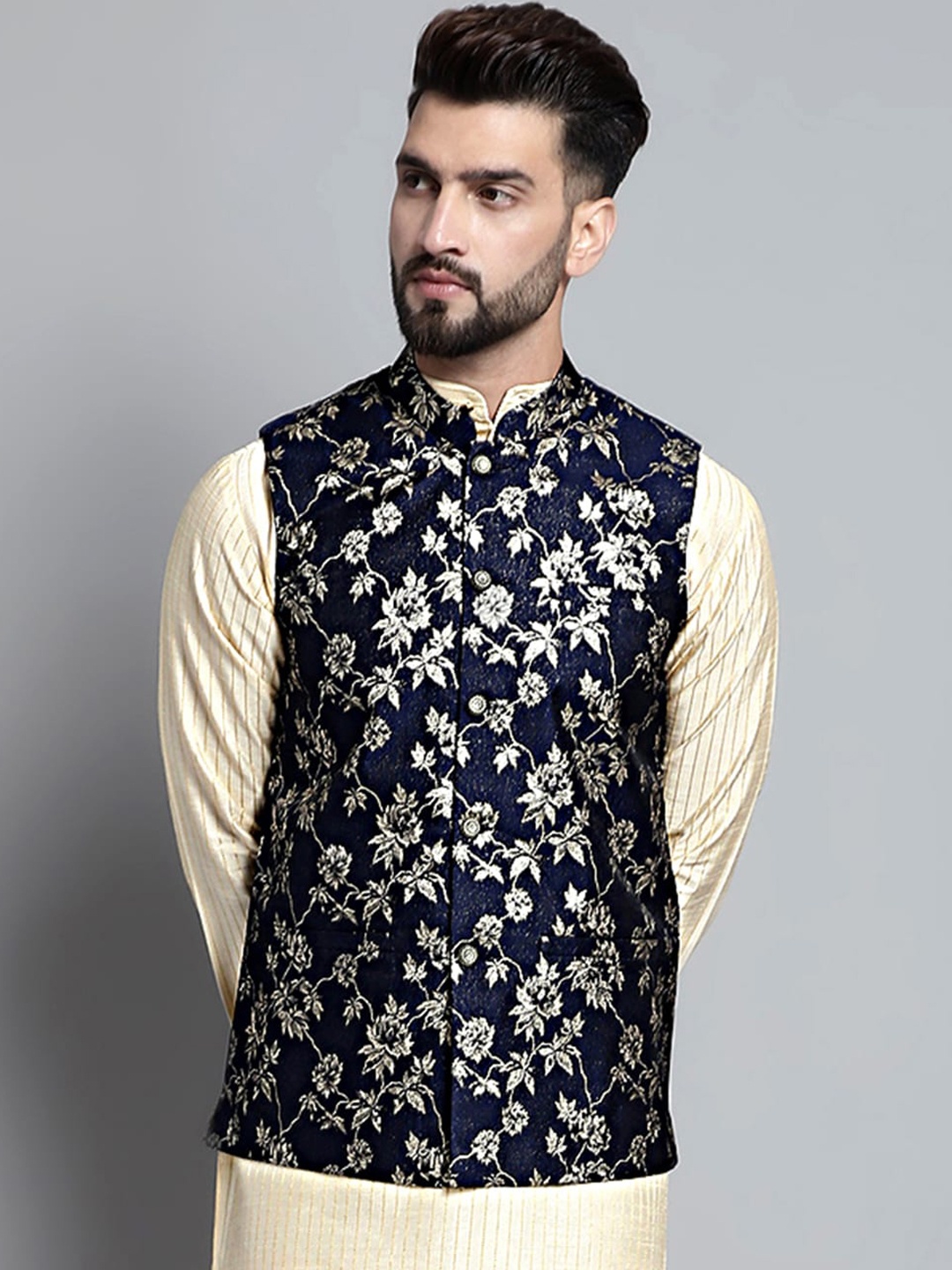 

Jompers Woven Design Nehru Jacket, Navy blue