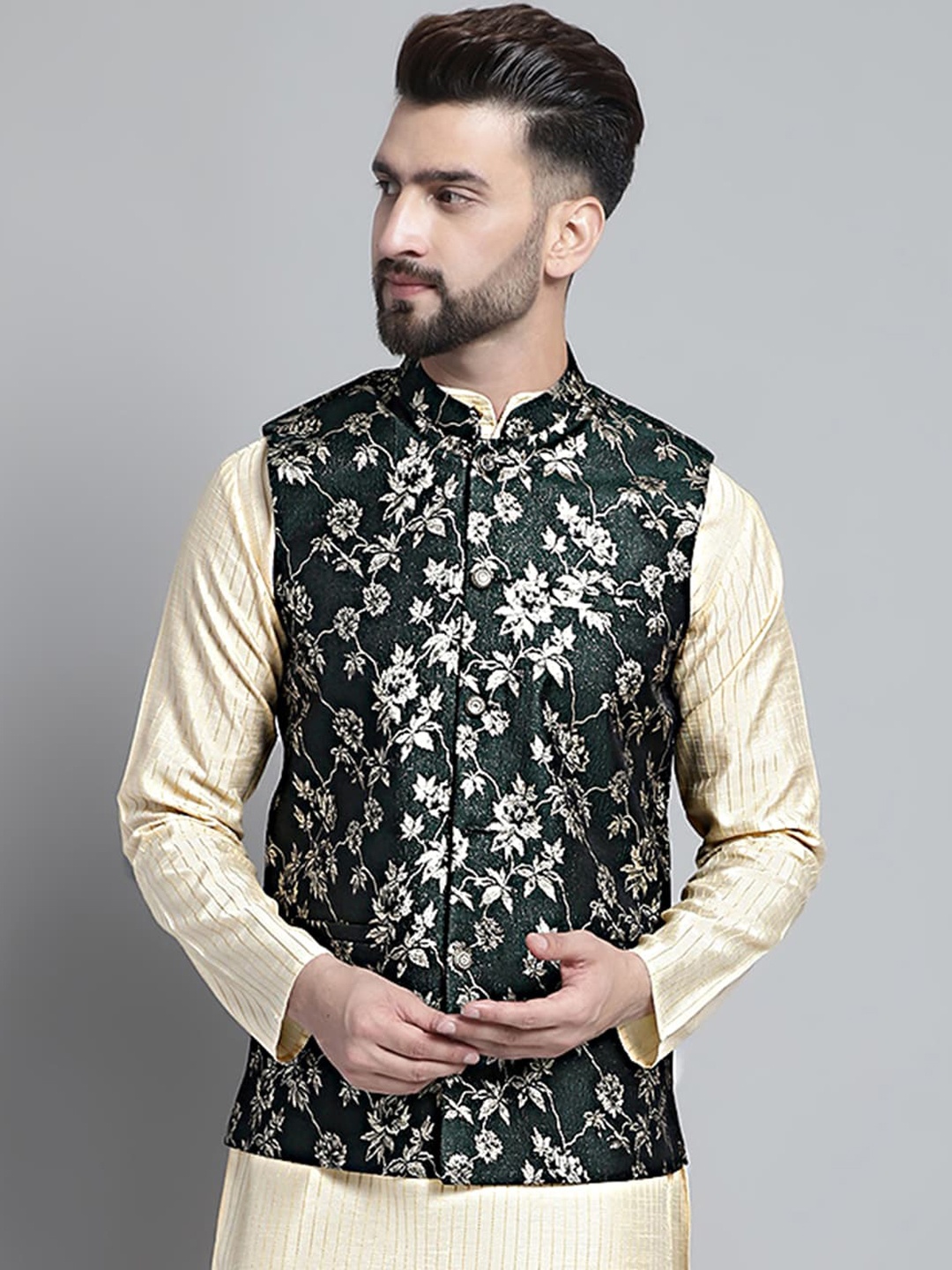 

Jompers Ethnic Motifs Woven-Design Nehru Cotton Silk Jacket, Olive