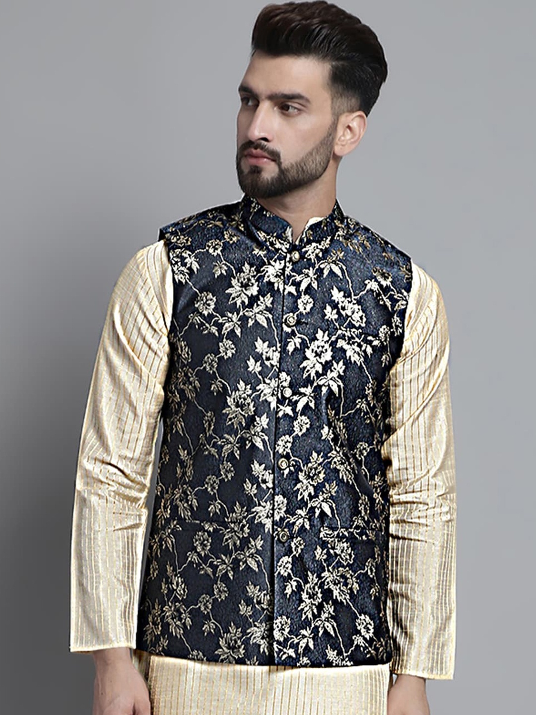 

Jompers Ethnic Motifs Woven-Design Nehru Cotton Silk Jacket, Grey