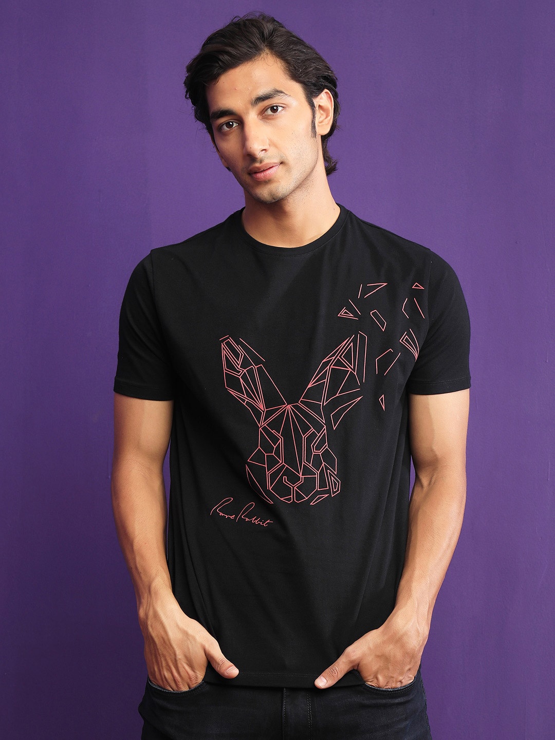 

RARE RABBIT Men Flames 2 Slim Fit Graphic Printed Cotton T-Shirt, Black