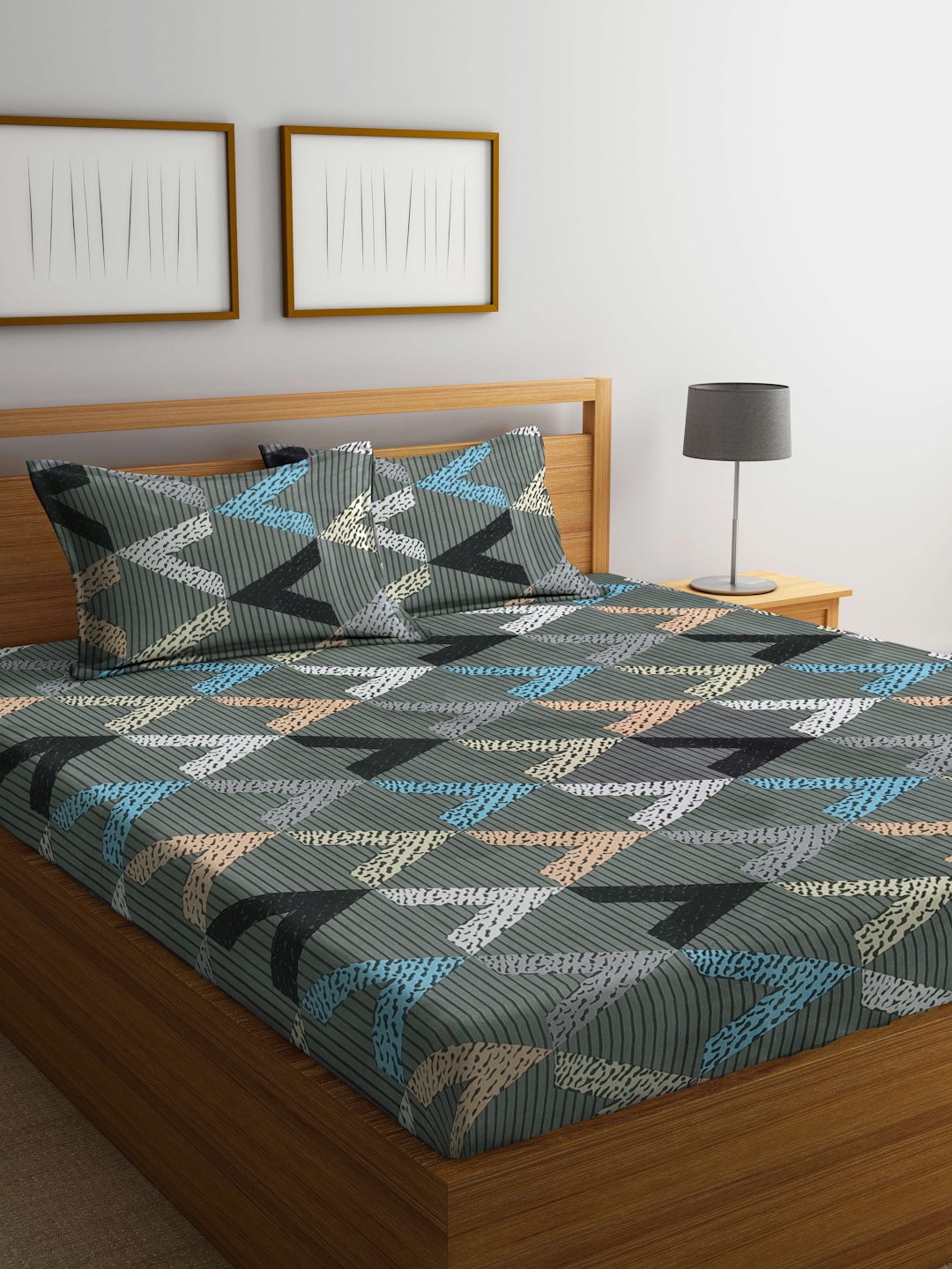 

KLOTTHE Grey & Blue Geometric Printed 300 TC King Bedsheet & 2 Pillow Covers