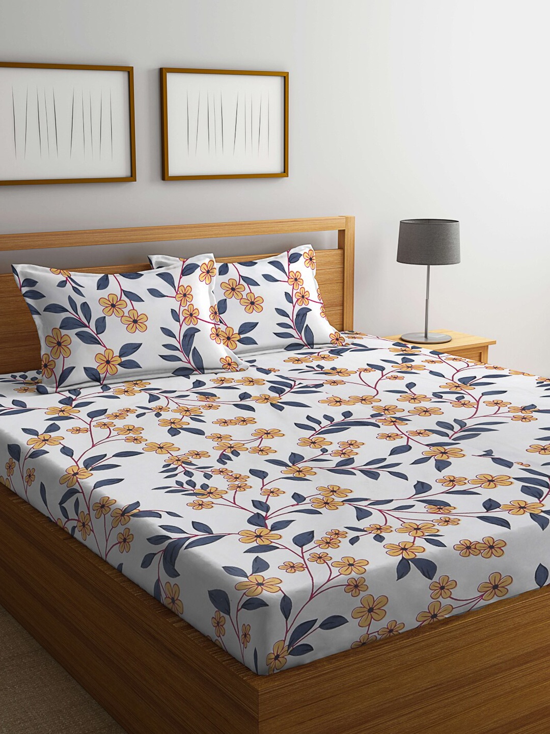 

KLOTTHE White & Blue Printed 300 TC King Bedsheet & 2 Pillow Covers