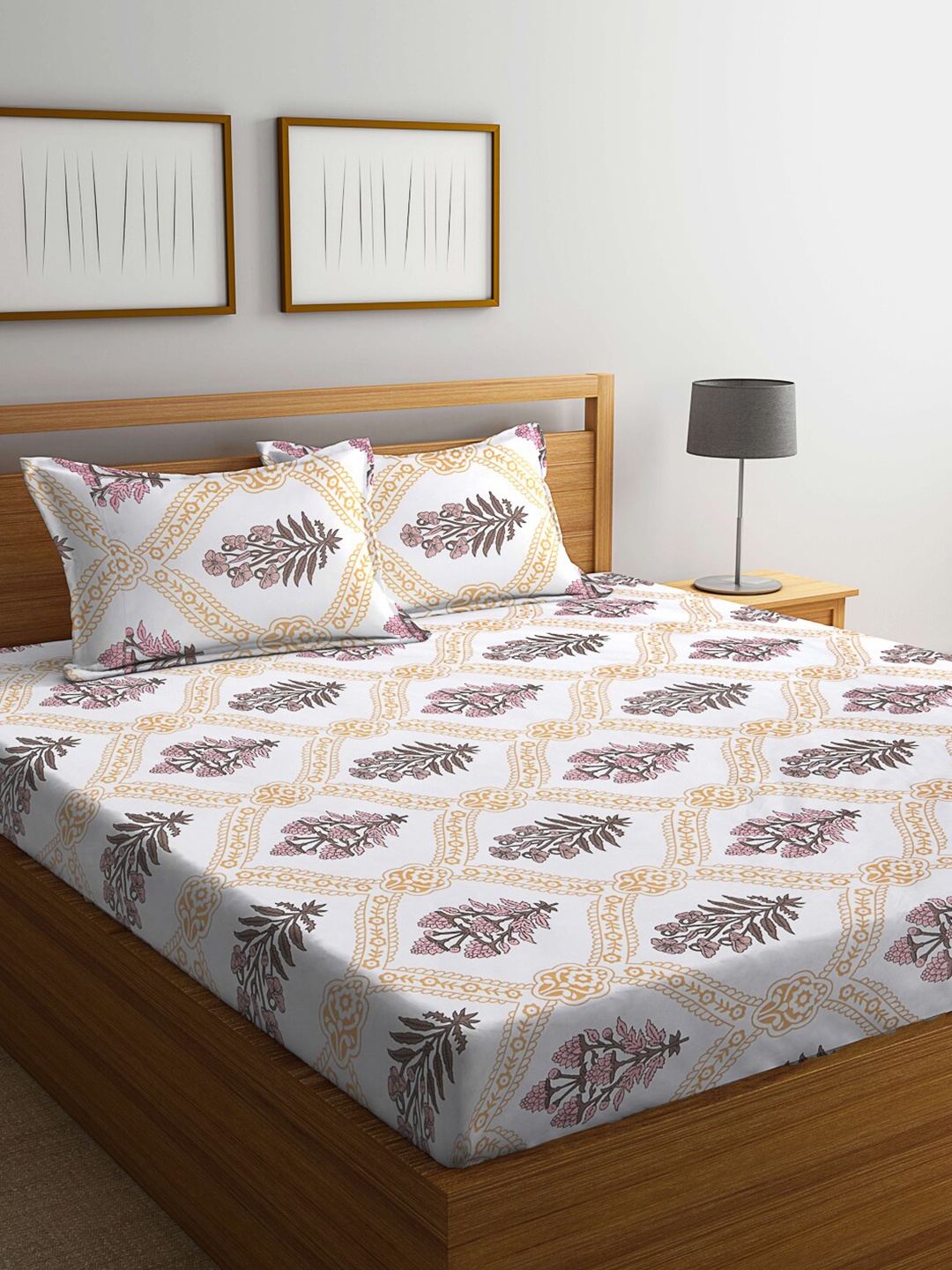 

KLOTTHE White & Yellow Printed 300 TC King Bedsheet & 2 Pillow Covers