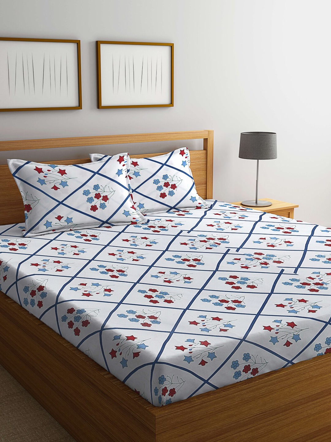 

KLOTTHE White & Blue Floral Printed 300 TC King Bedsheet & 2 Pillow Covers