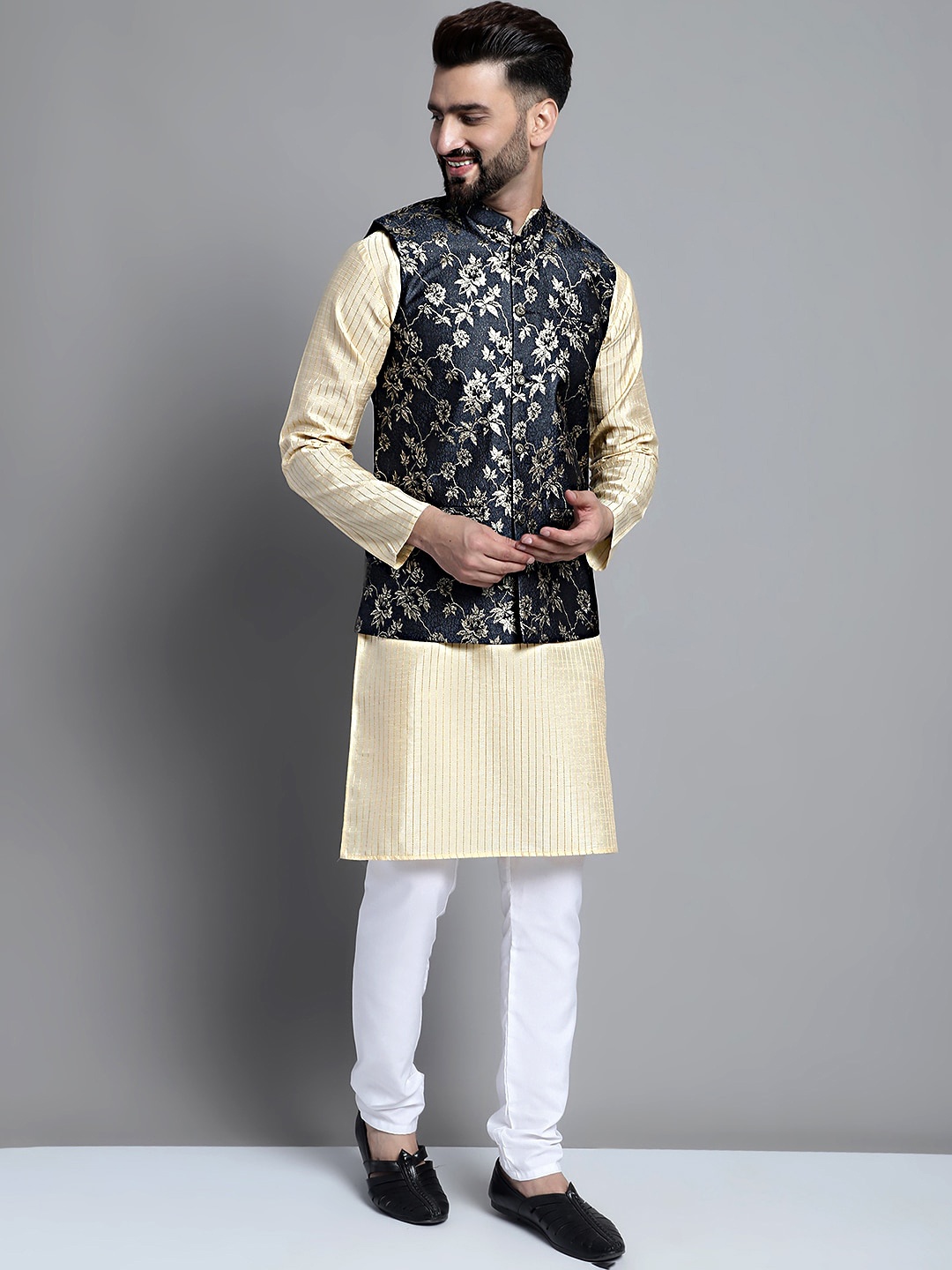 

Jompers Striped Regular Straight Zari Kurta & Churidar With Nehru Jacket, Beige
