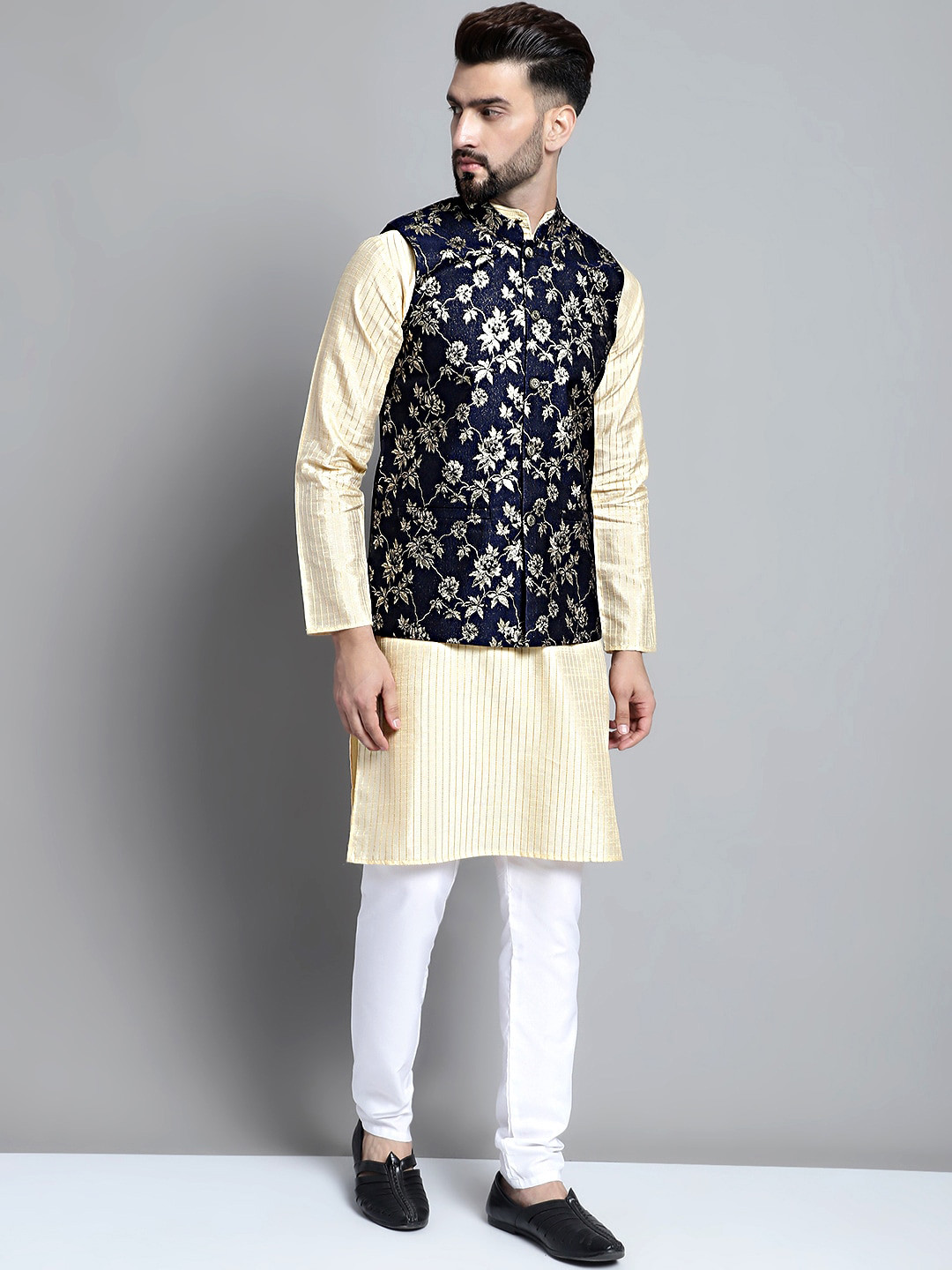 

Jompers Woven Design Kurta with Churidar & Nehru Jacket, Navy blue