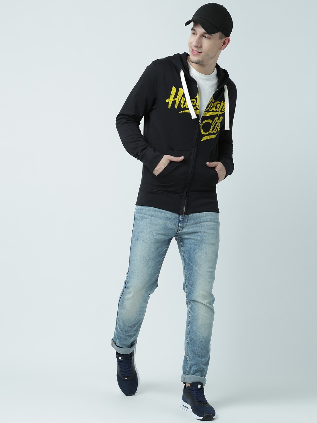 

Huetrap Men Black Printed Hooded Sweatshirt