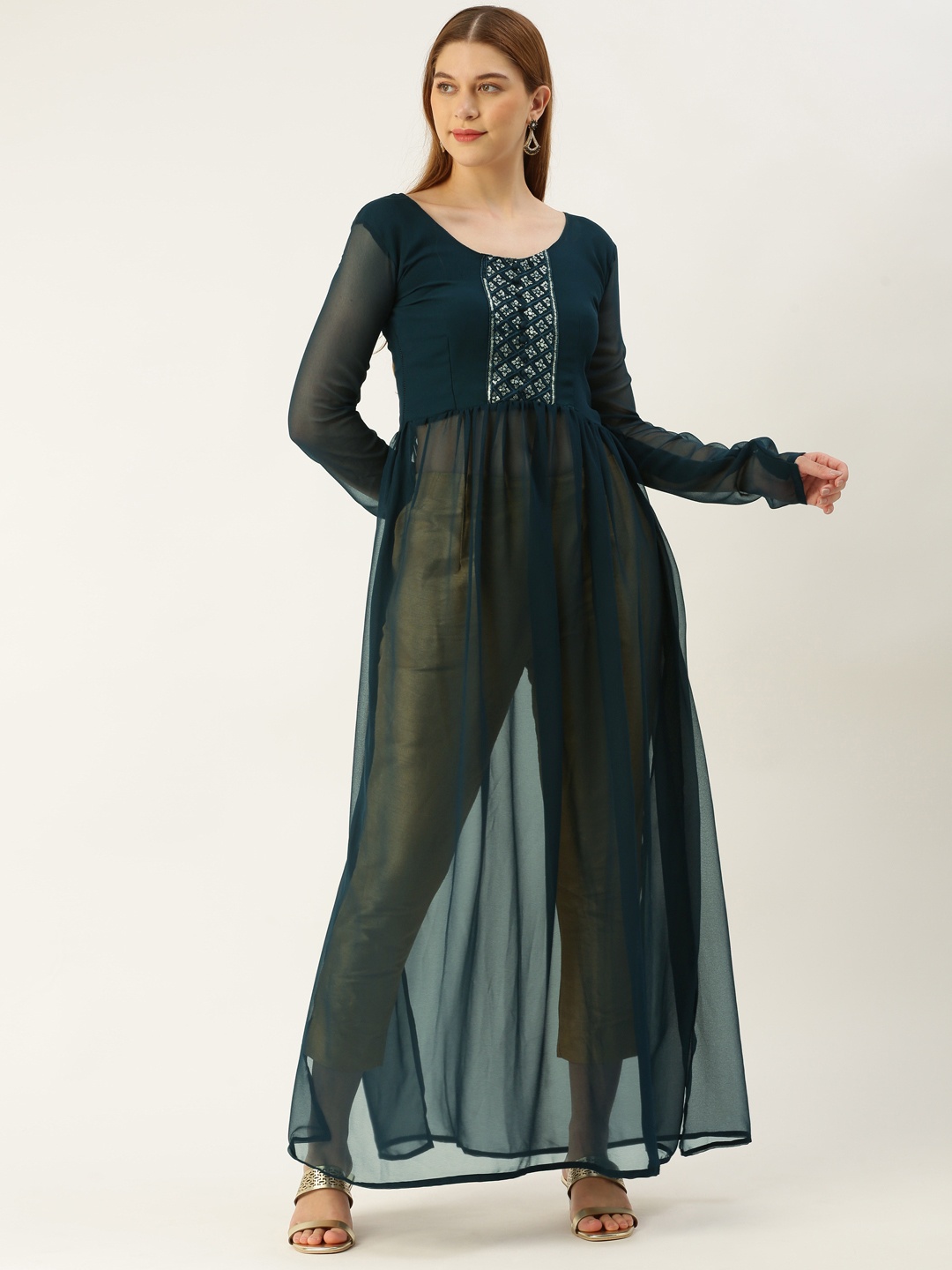 

LOOKNBOOK ART Women Yoke Design Sequinned Georgette Kurta, Teal