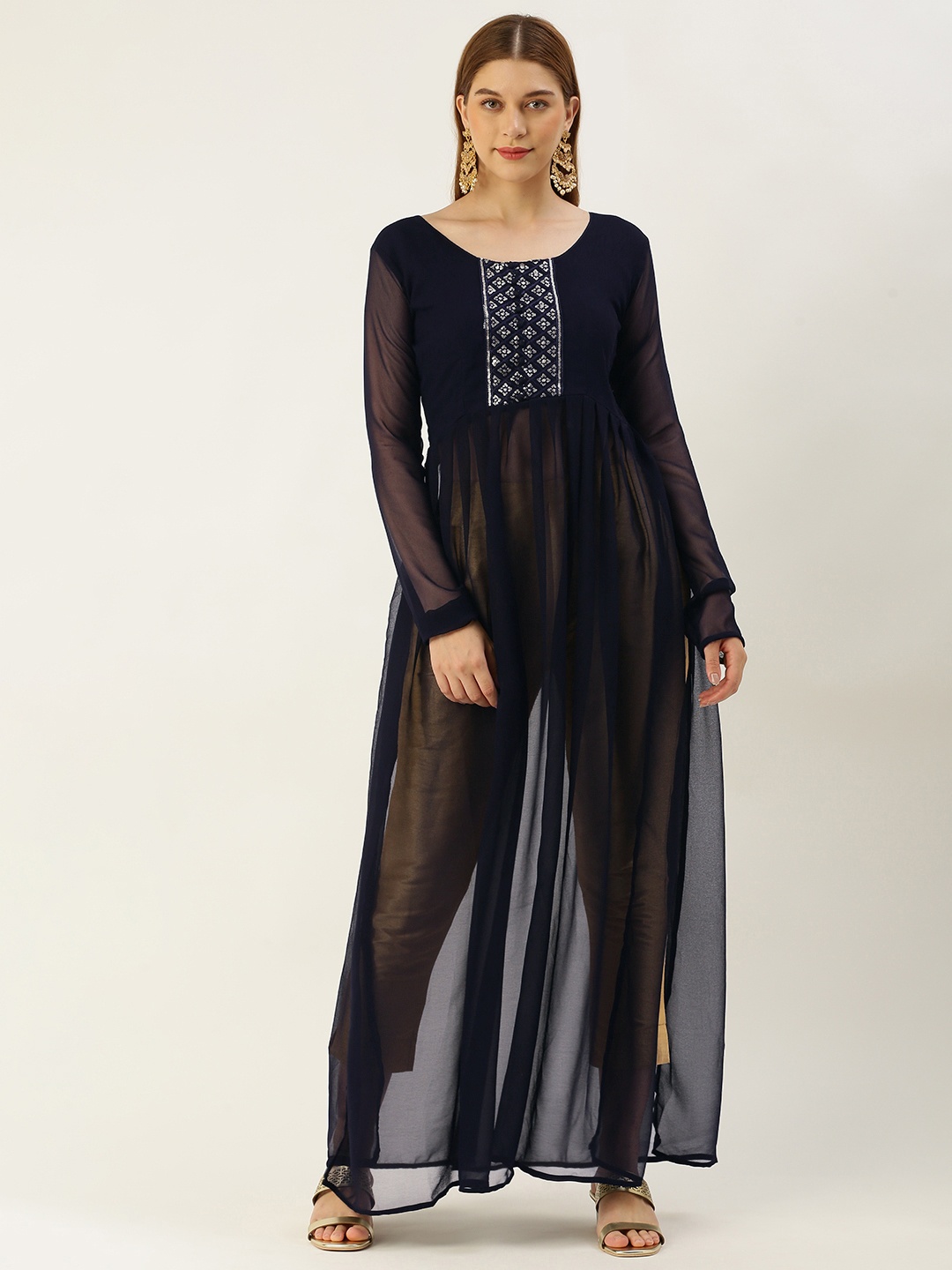 

LOOKNBOOK ART Women Yoke Design Sequinned Georgette Kurta, Navy blue