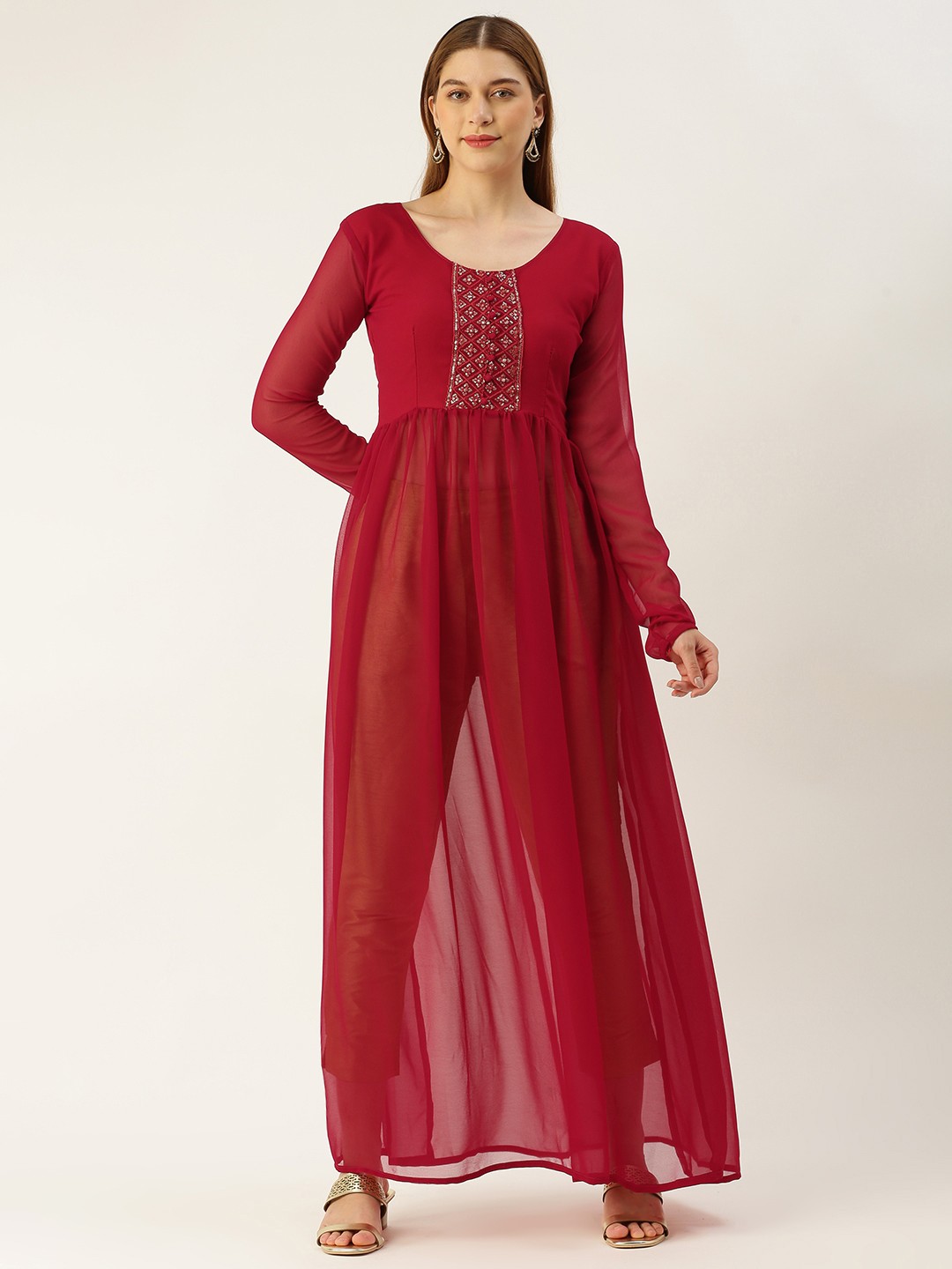 

LOOKNBOOK ART Women Yoke Design Sequinned Georgette Kurta, Maroon