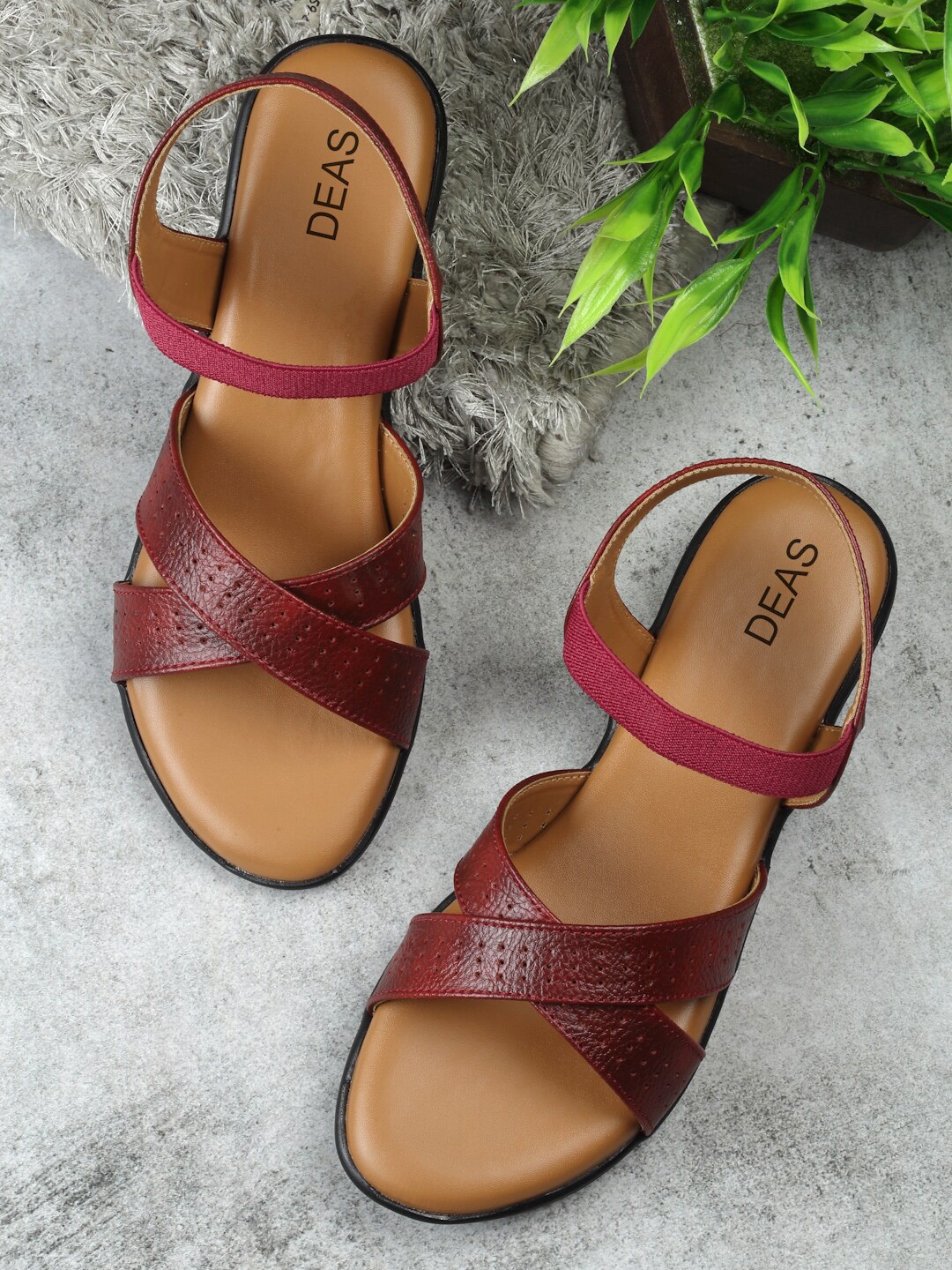 

DEAS Textured Perforated Leather Open Toe Flats, Red